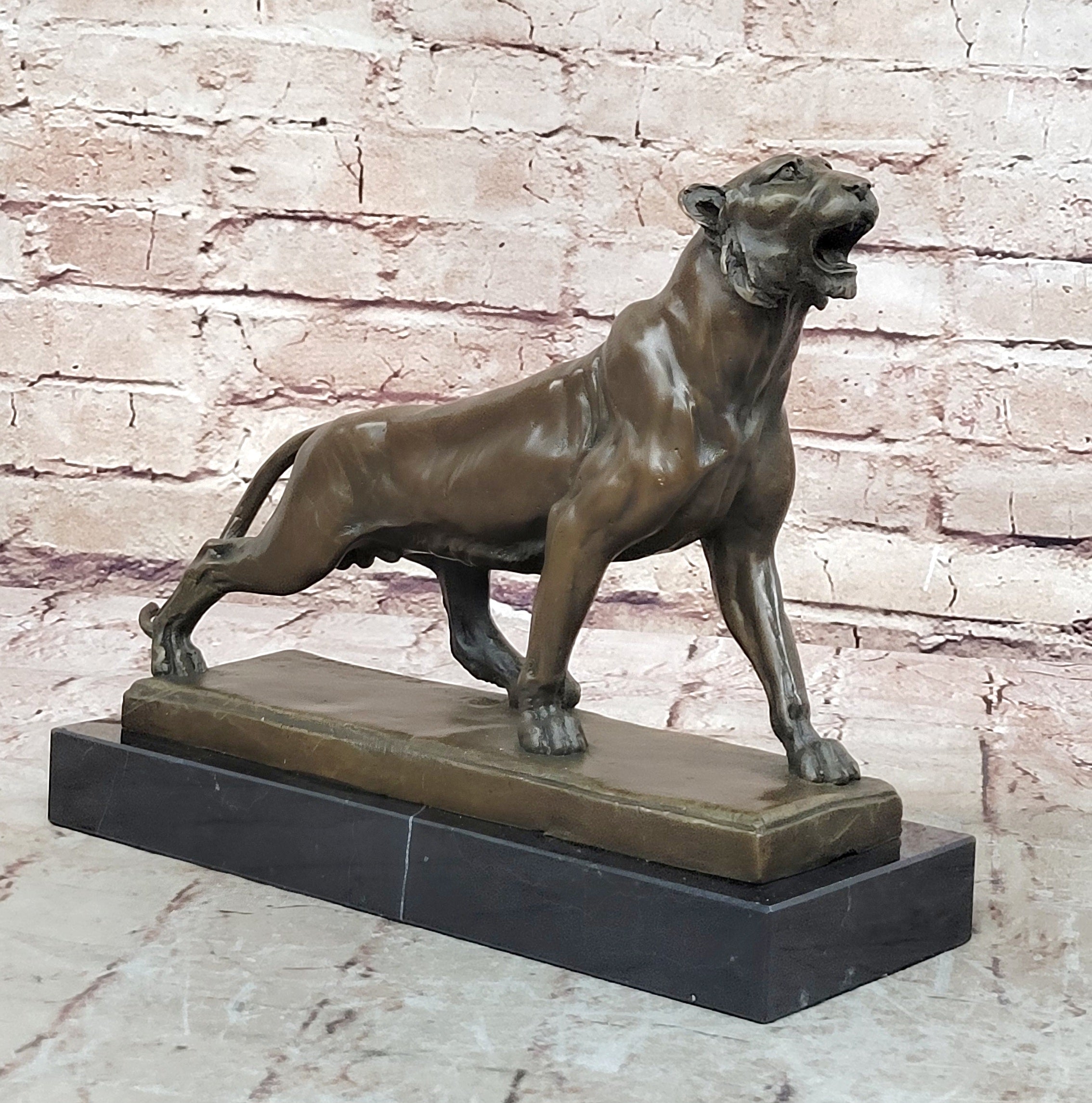 Handcrafted bronze sculpture SALE Marble Deco Art Lion Female Lecourtier Signed