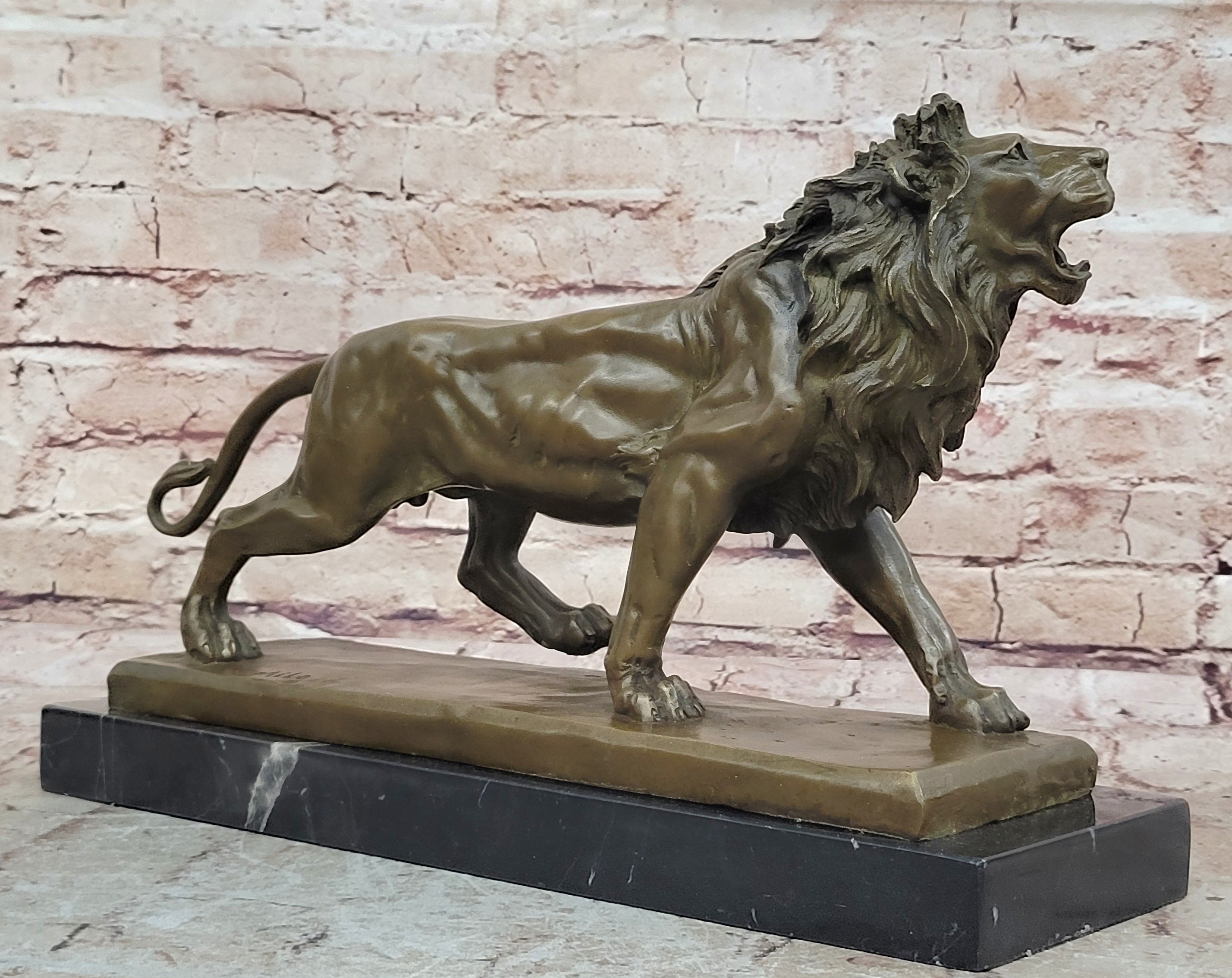 Art Figurine Deco Bronze Copper & Marble Foo Dog Lion Statue Artwork Sculpture