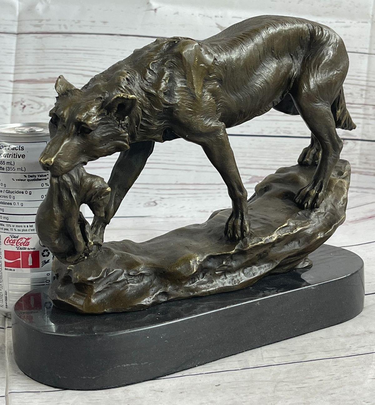 Bronze Deco Wolf protecting her cub Sculpture Marble Statue Signed Lecourtier Art