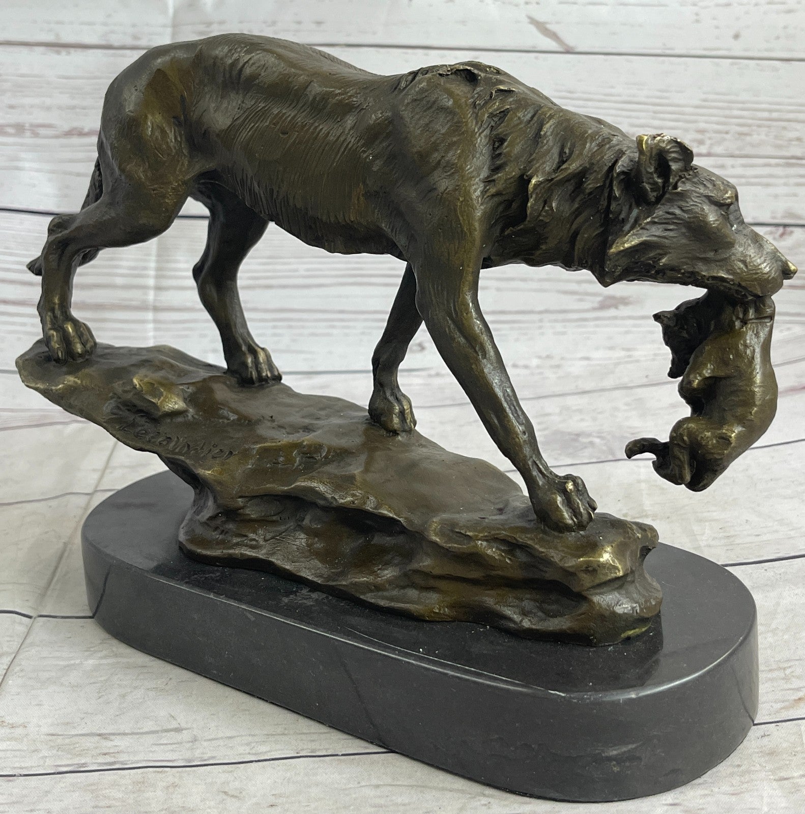 Bronze Deco Wolf protecting her cub Sculpture Marble Statue Signed Lecourtier Art