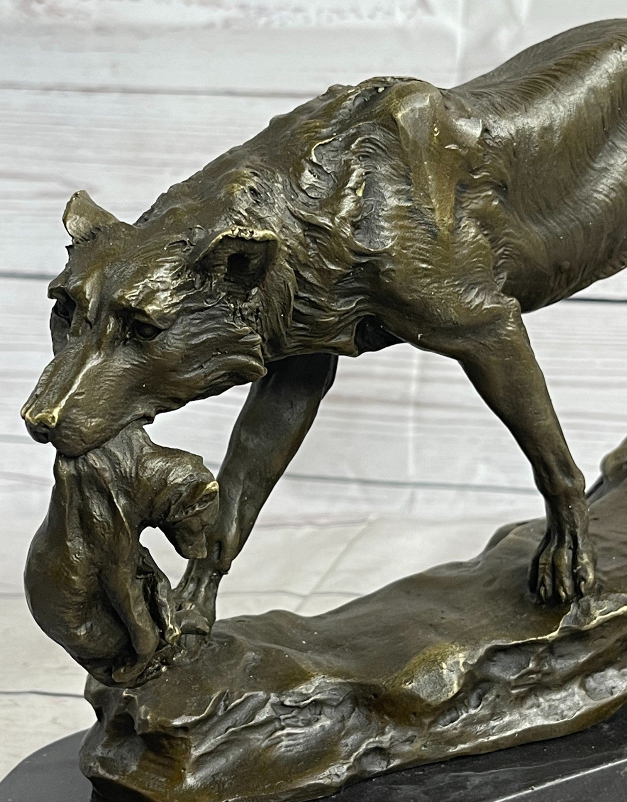 Bronze Deco Wolf protecting her cub Sculpture Marble Statue Signed Lecourtier Art