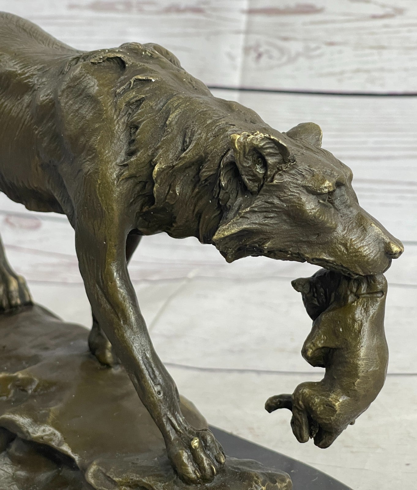 Bronze Deco Wolf protecting her cub Sculpture Marble Statue Signed Lecourtier Art