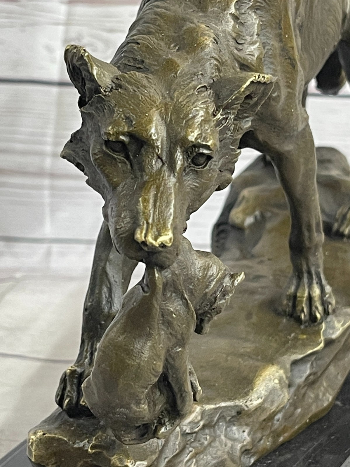 Bronze Deco Wolf protecting her cub Sculpture Marble Statue Signed Lecourtier Art
