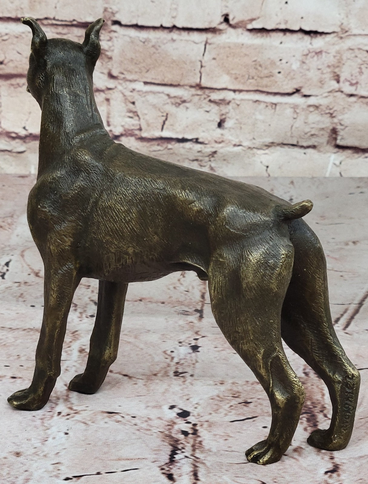 HANDSOME VINTAGE SIGNED MOIGNIEZ BRONZE BOXER DOG FIGURE STUDY w STONE BASE SALE