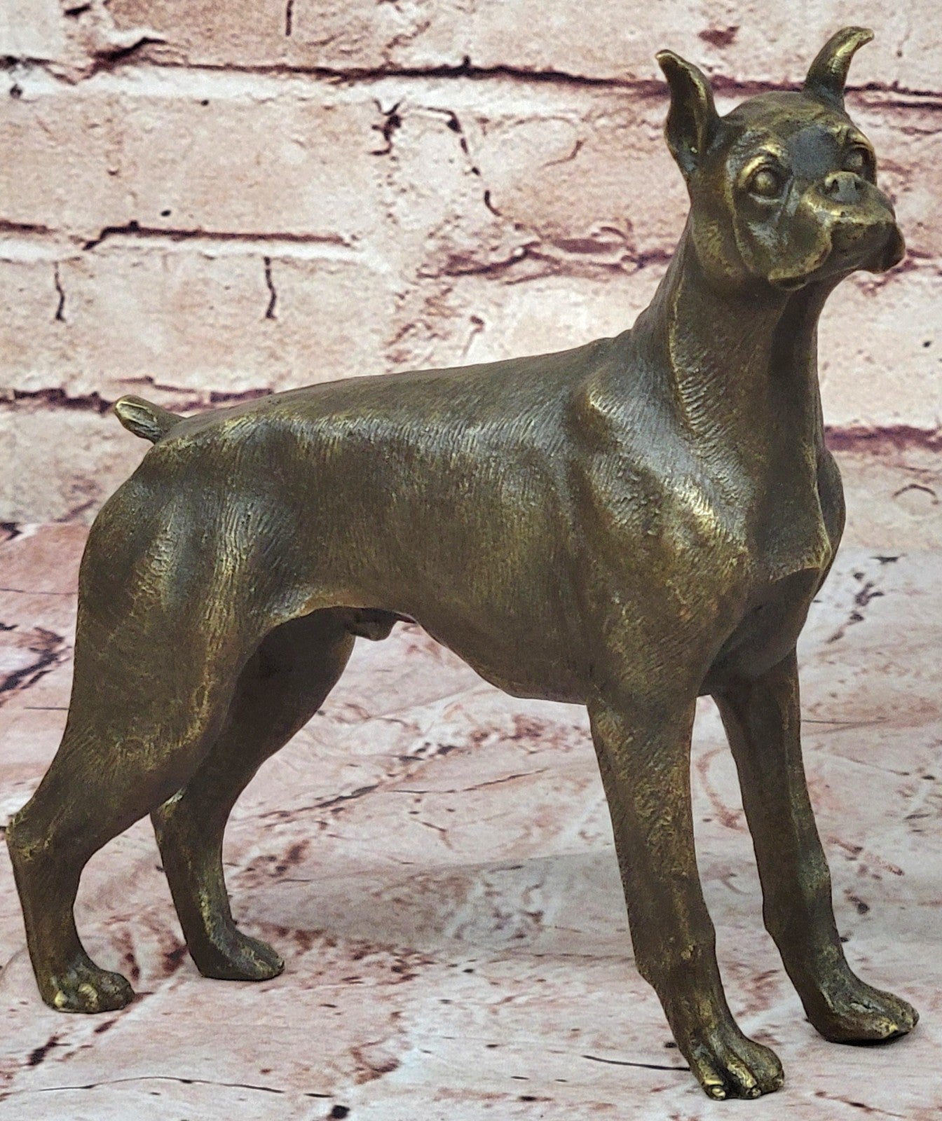 HANDSOME VINTAGE SIGNED MOIGNIEZ BRONZE BOXER DOG FIGURE STUDY w STONE BASE SALE