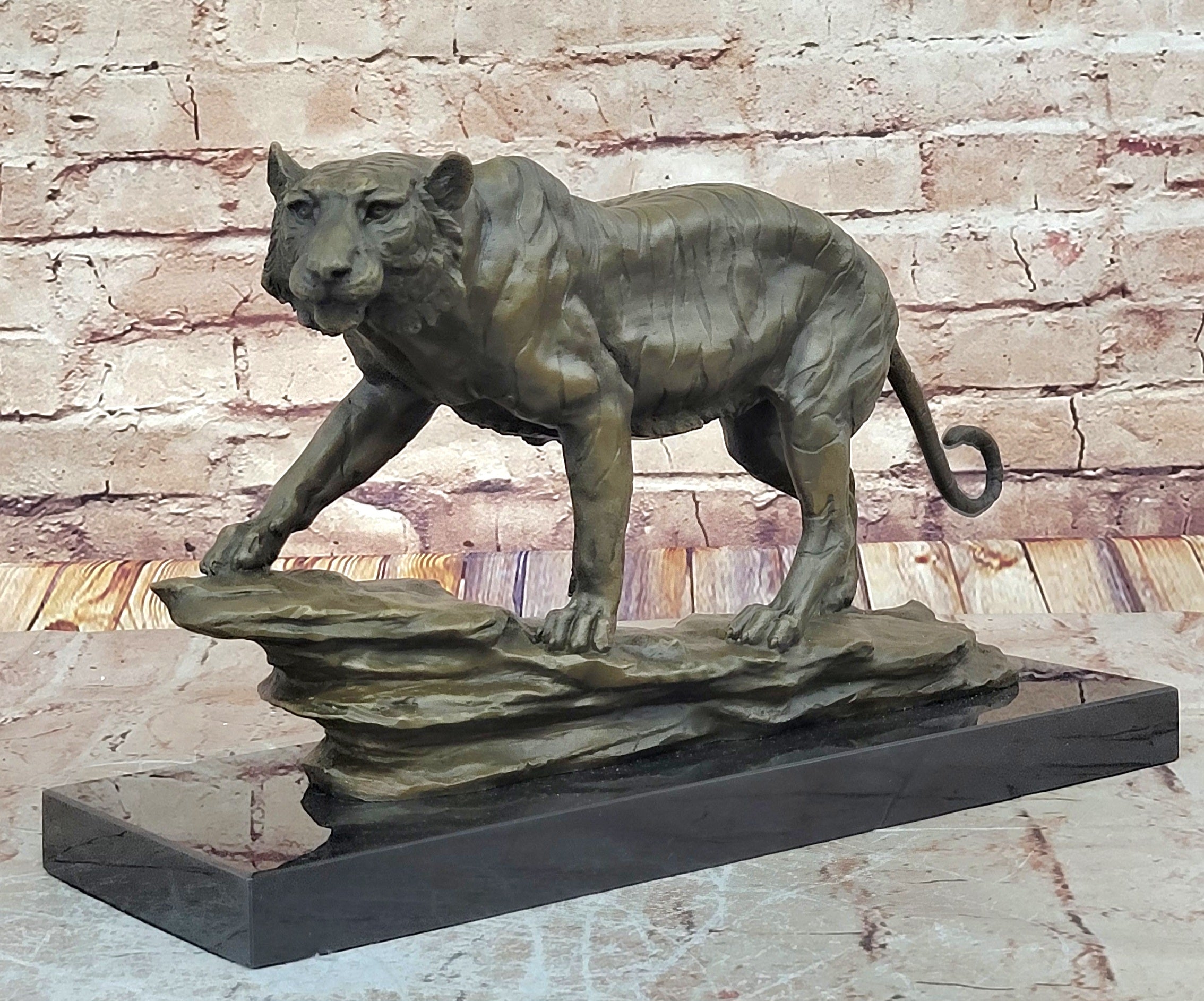Hot Cast Art Deco African Tiger Bronze Sculpture Marble Base Wildlife Statue LRG