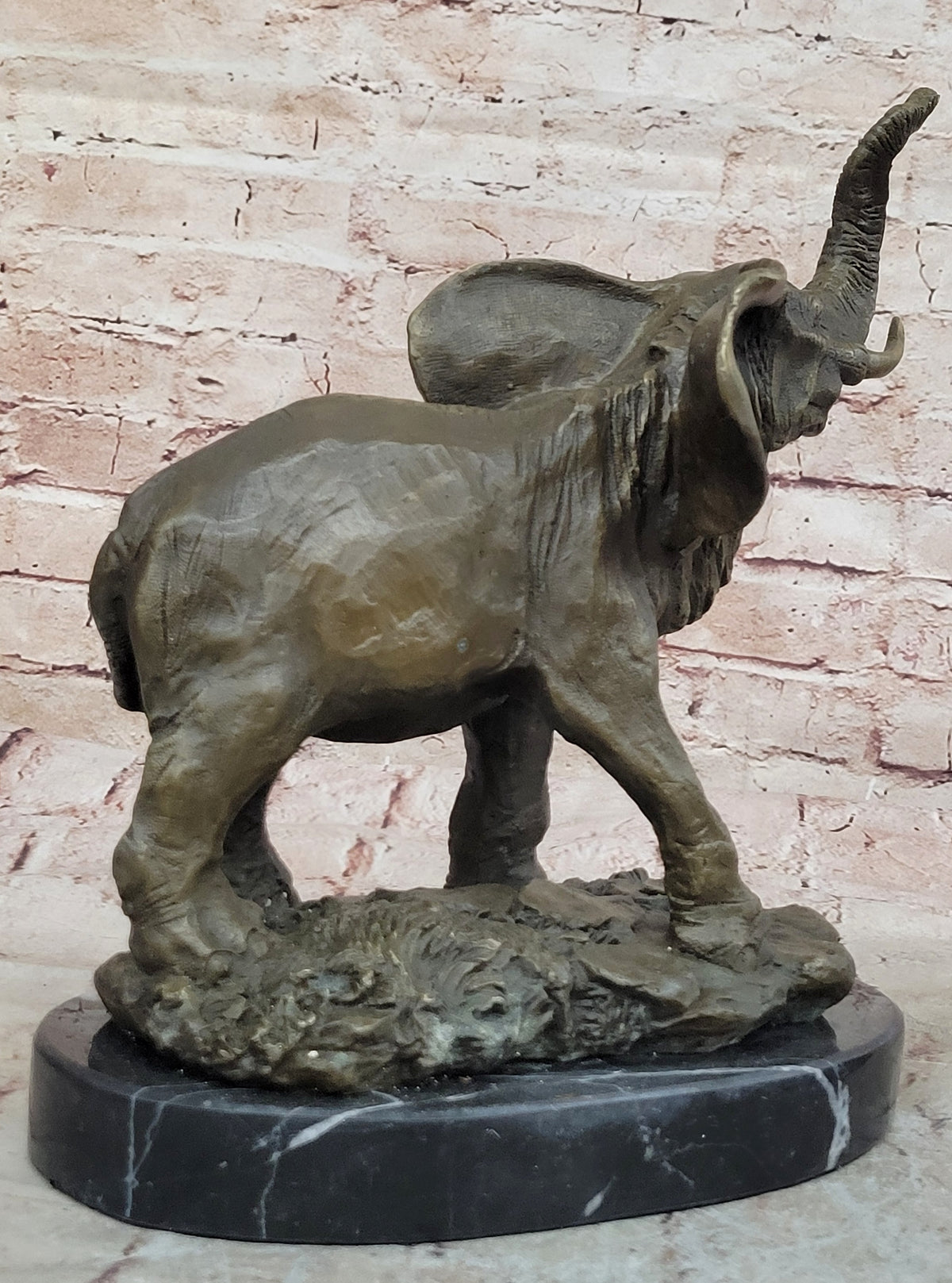 WILD LIFE ELEPHANT BRONZE STATUE W/MARBLE BASE, SIGNED SCULPTURE FIGURINE DECOR