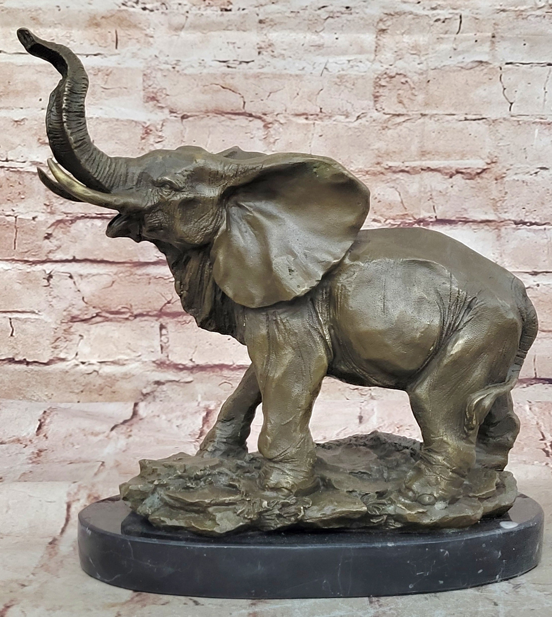 WILD LIFE ELEPHANT BRONZE STATUE W/MARBLE BASE, SIGNED SCULPTURE FIGURINE DECOR