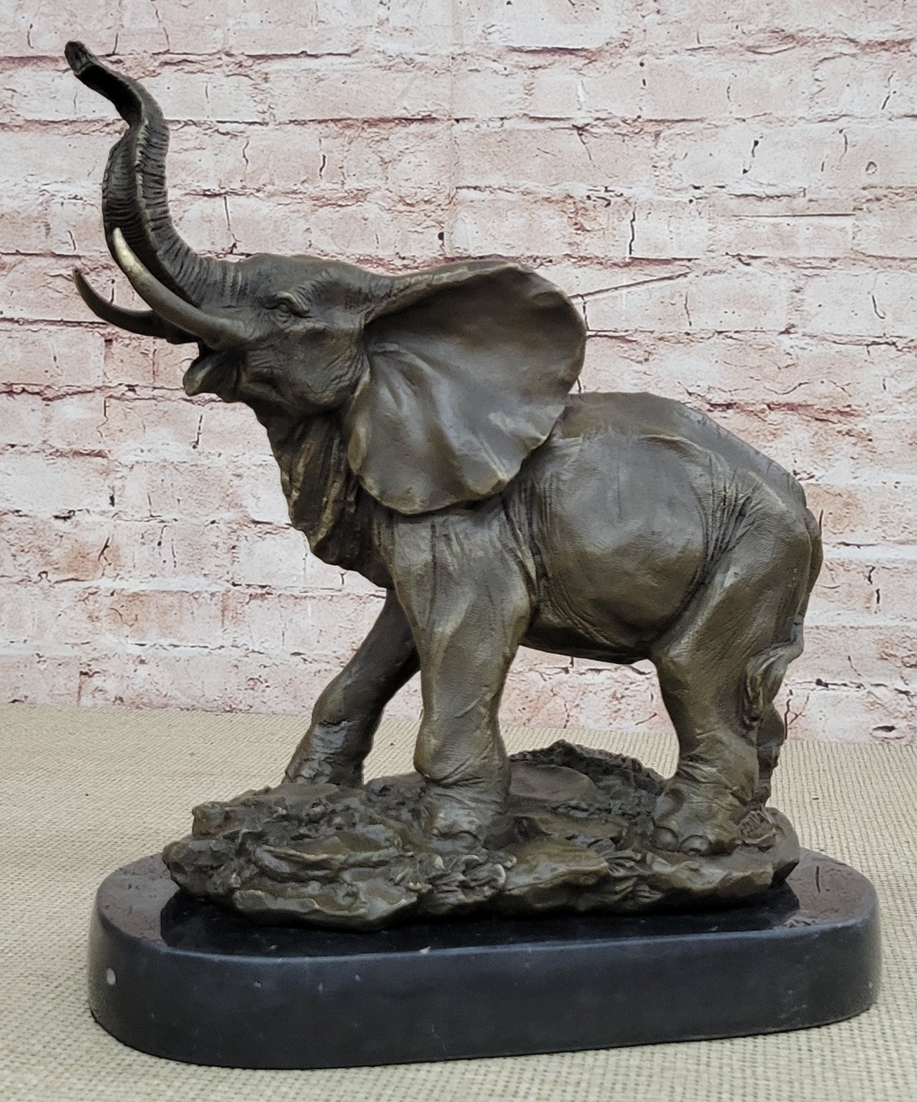WILD LIFE ELEPHANT BRONZE STATUE W/MARBLE BASE, SIGNED SCULPTURE FIGURINE DECOR