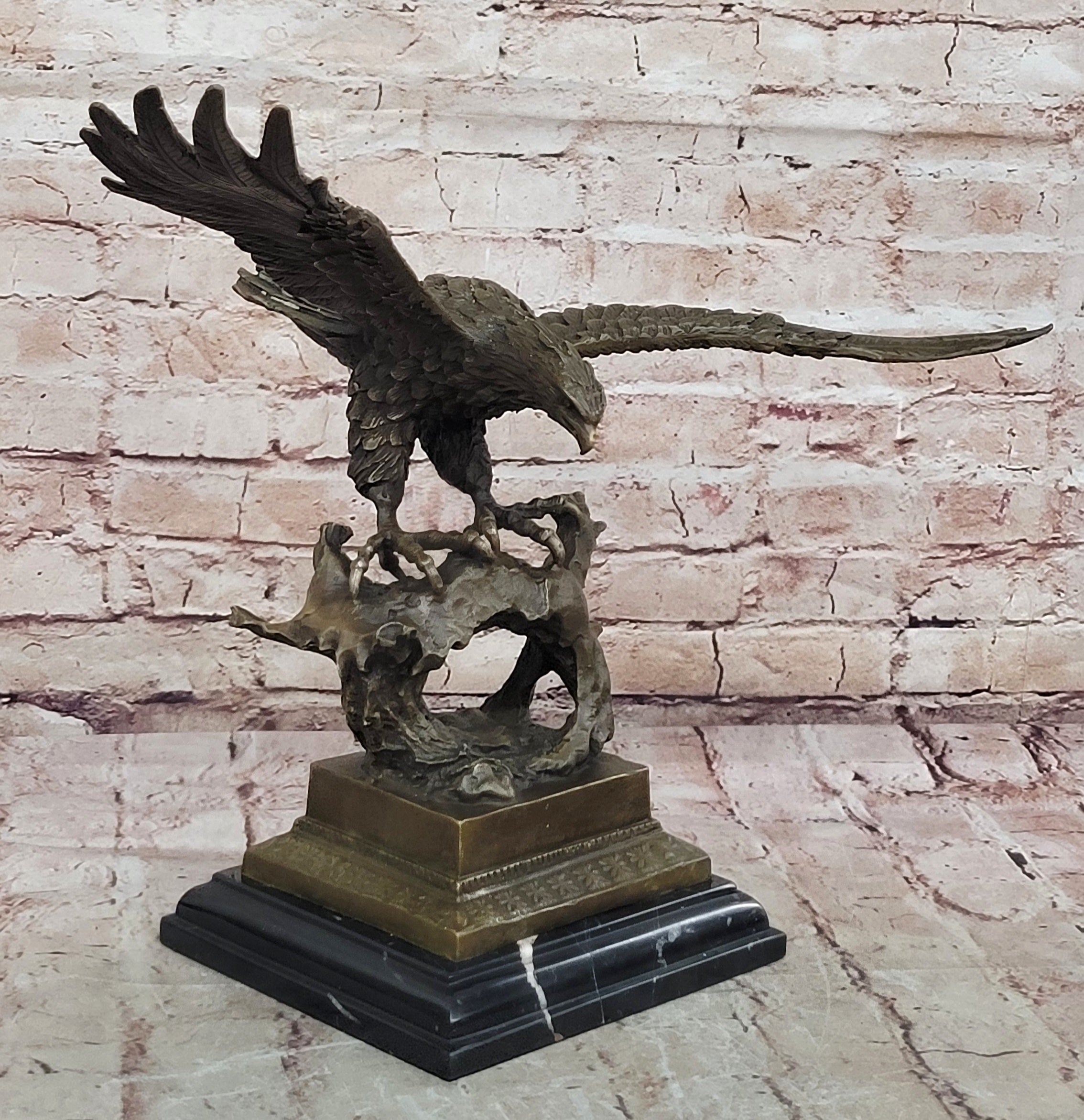 American Bald Eagle in Flight Bronze Sculpture on Marble Base Original 16" x 18"