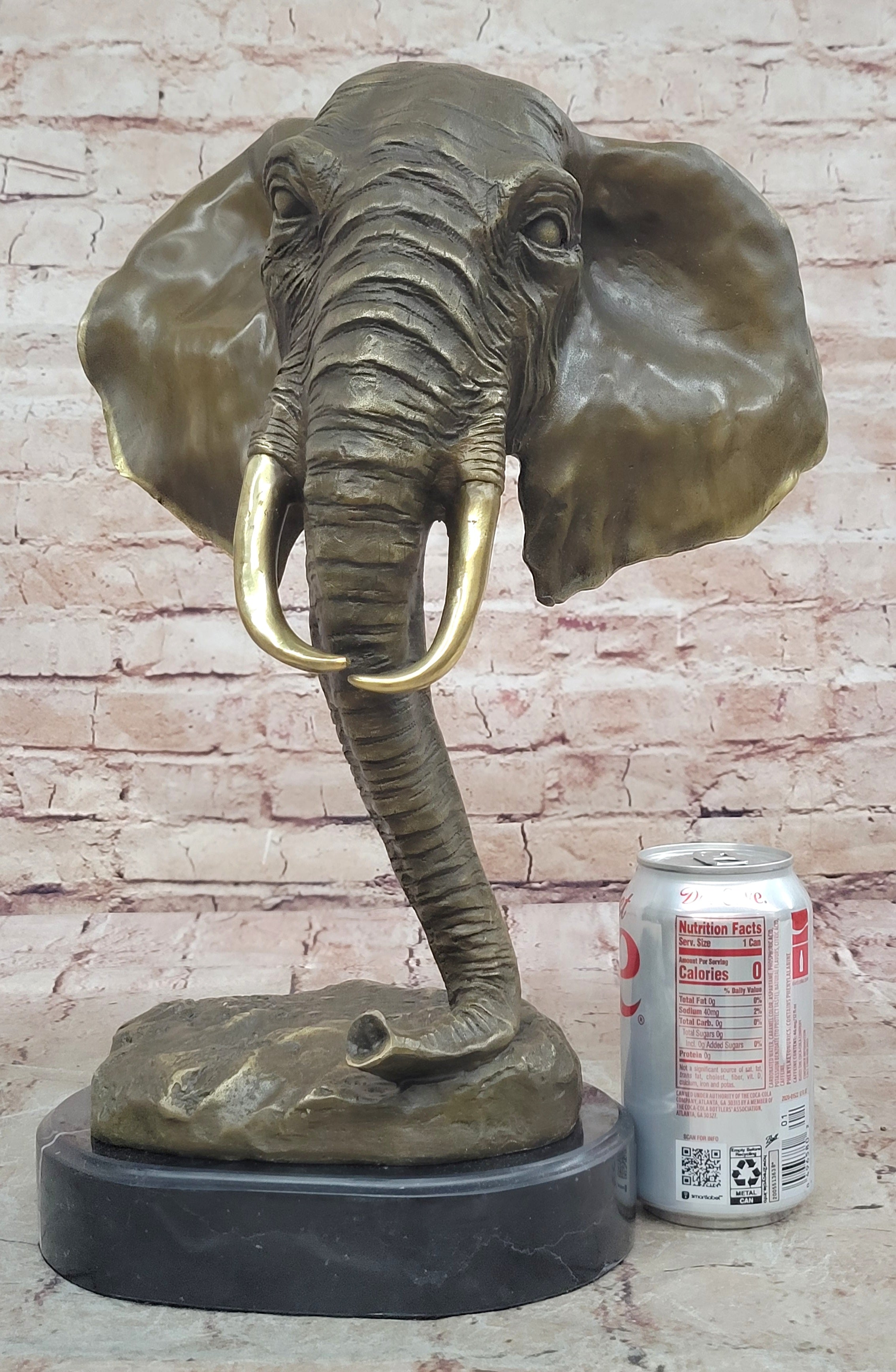 Genuine Bronze Metal Statue Marble Head Elephant Safari Sculpture Figurine