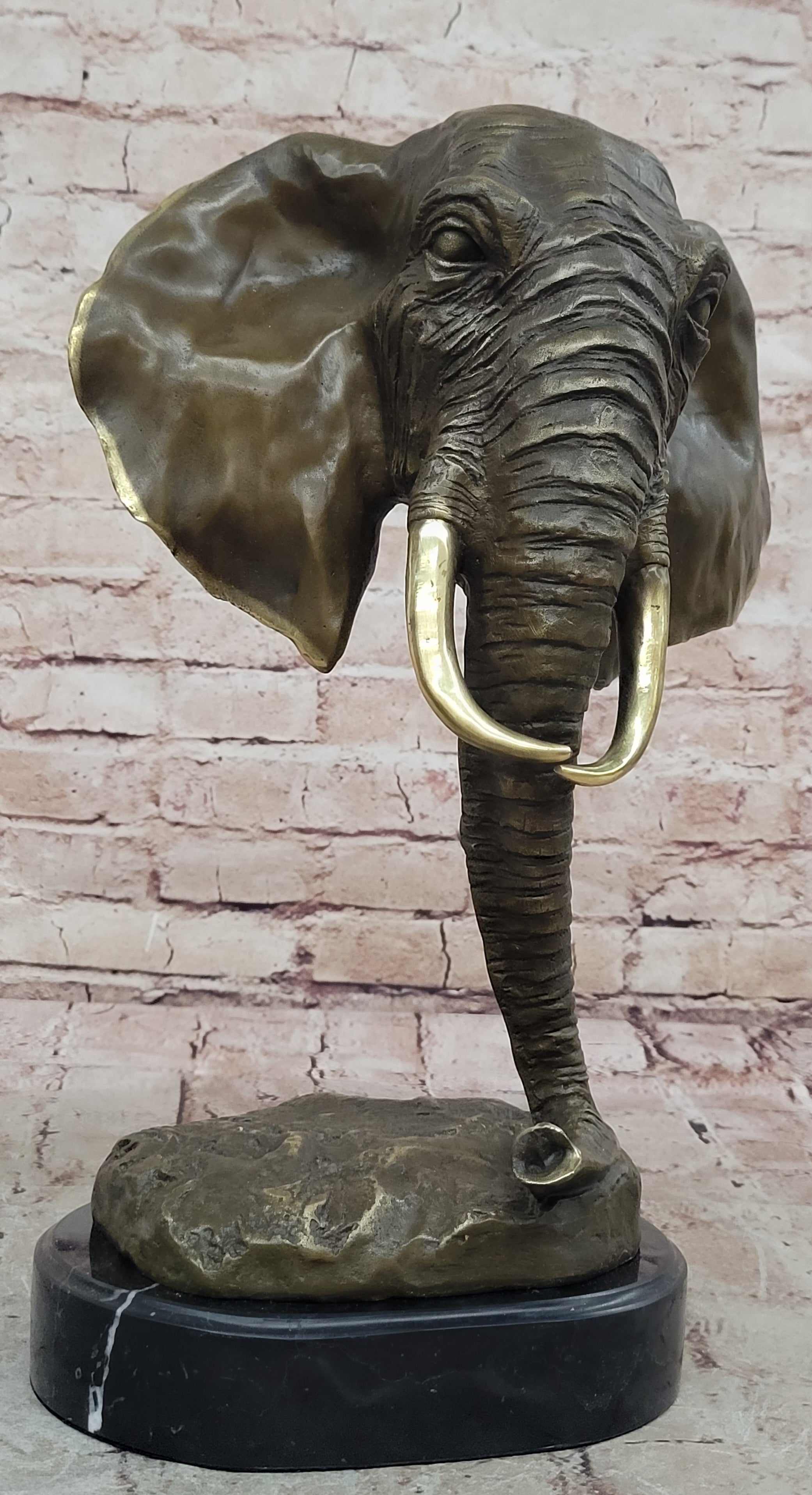 Genuine Bronze Metal Statue Marble Head Elephant Safari Sculpture Figurine