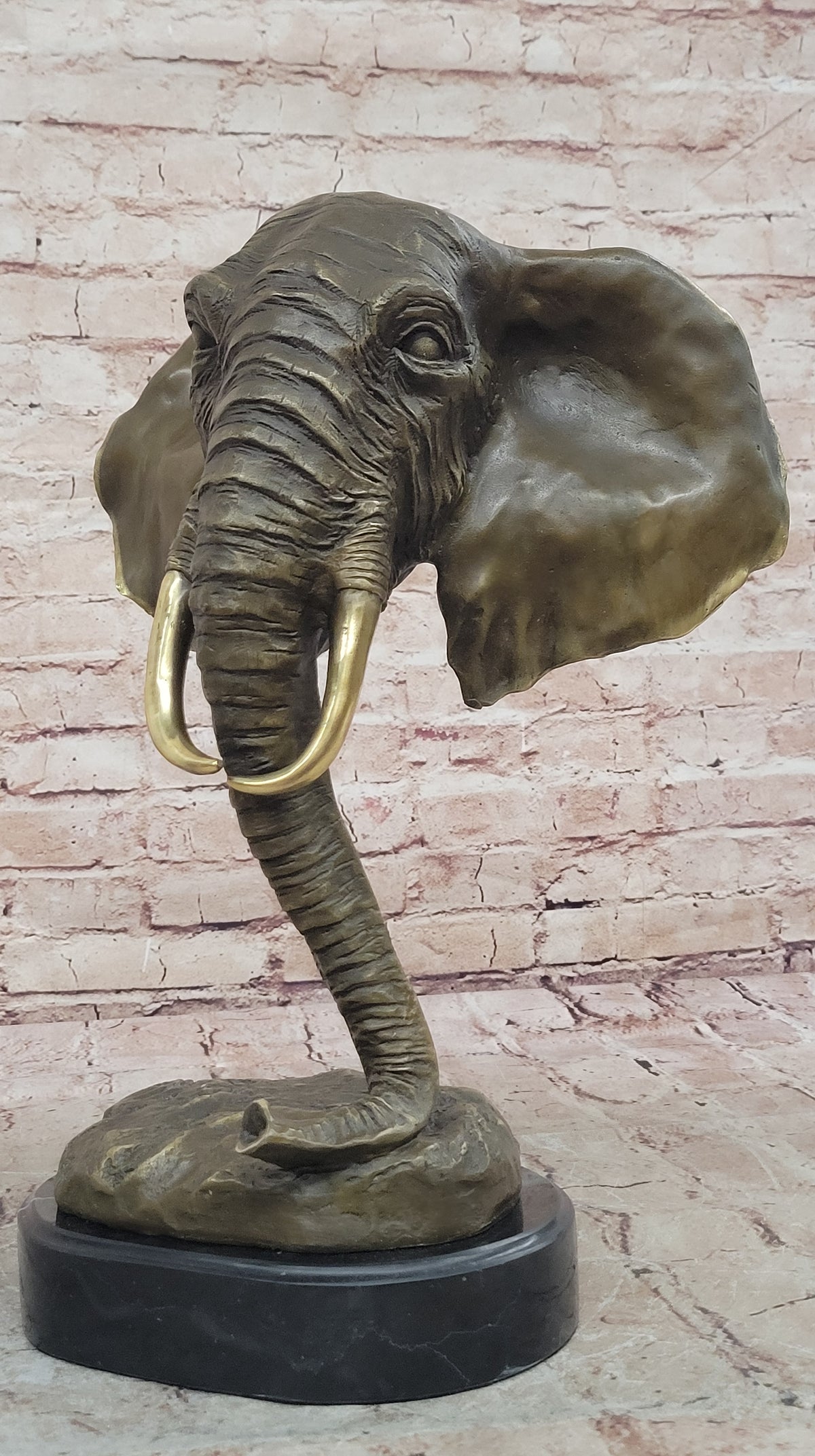 Genuine Bronze Metal Statue Marble Head Elephant Safari Sculpture Figurine
