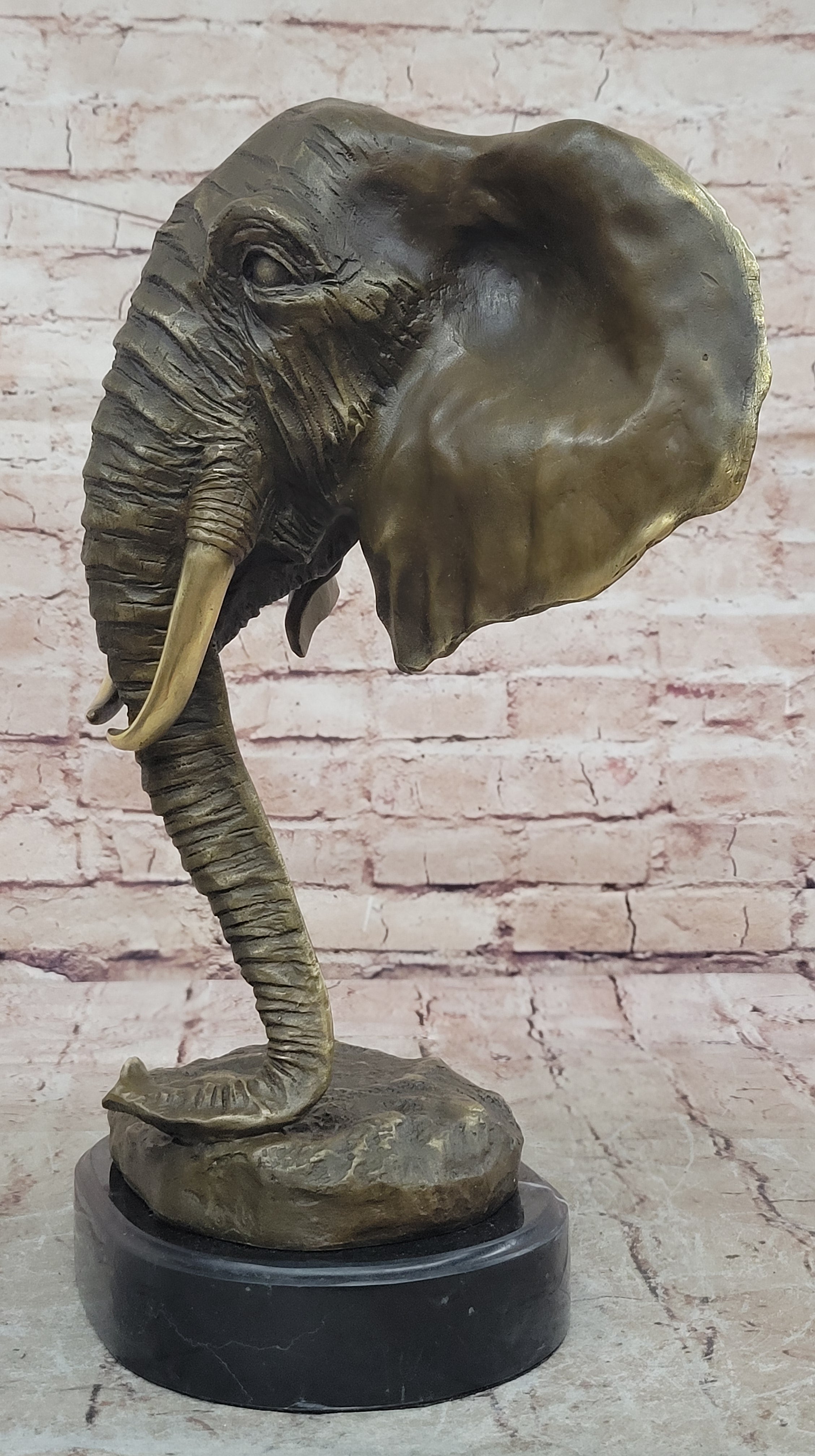 Genuine Bronze Metal Statue Marble Head Elephant Safari Sculpture Figurine