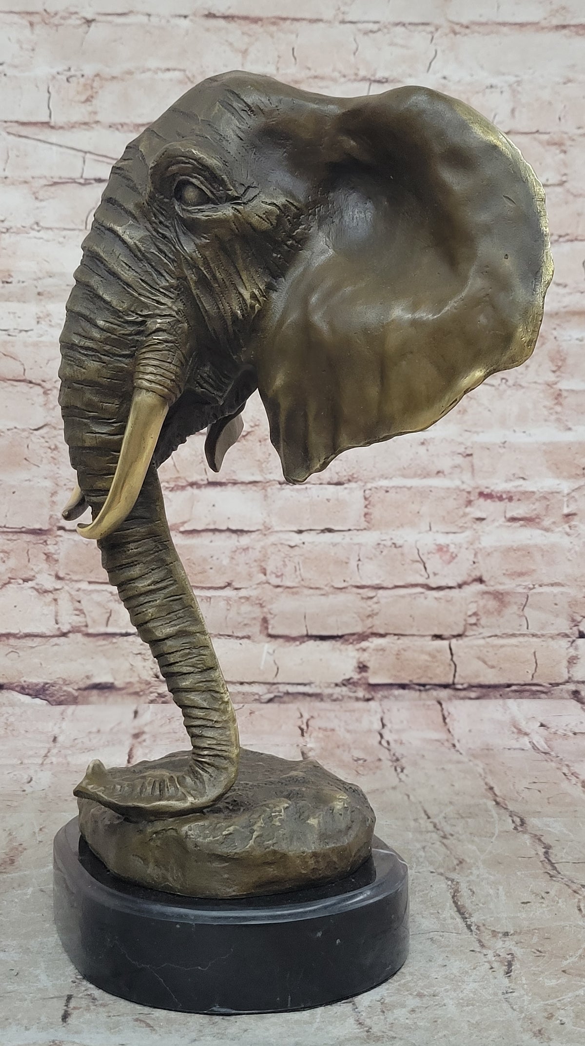 Genuine Bronze Metal Statue Marble Head Elephant Safari Sculpture Figurine