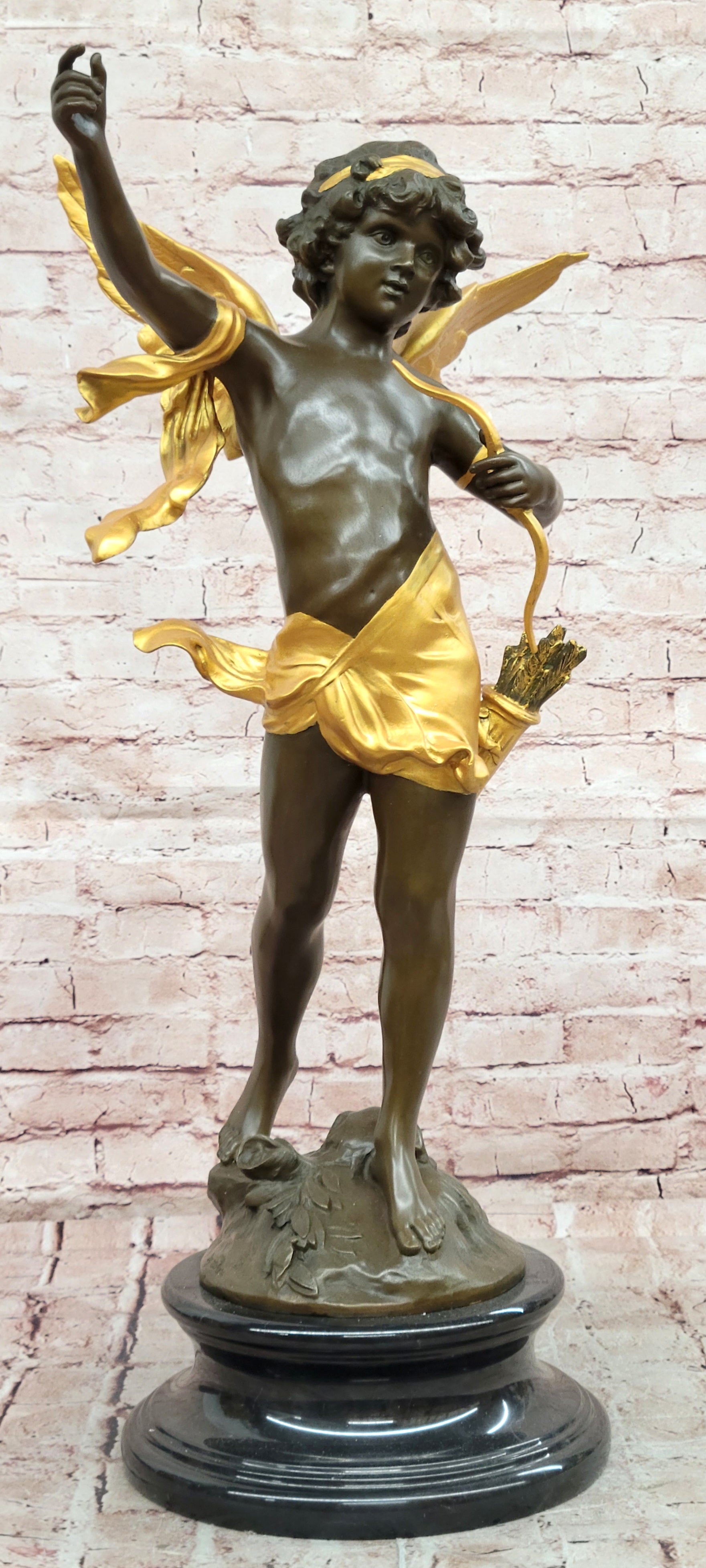 Bronze Romantic Cupid Sculpture Signed Moreau Angel Figurine Love Statue