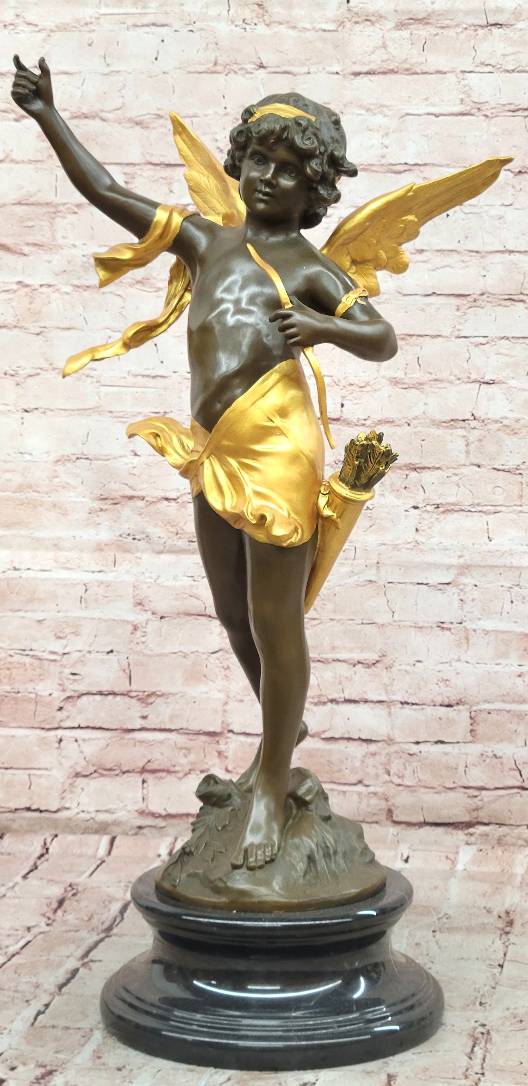 Bronze Romantic Cupid Sculpture Signed Moreau Angel Figurine Love Statue