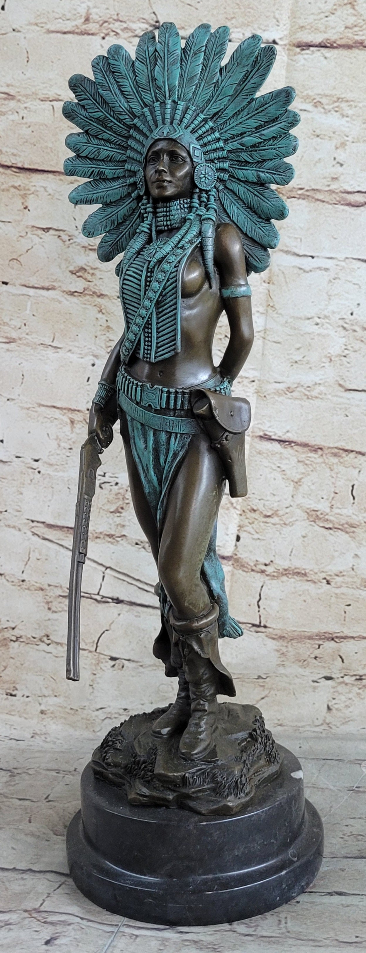 RARE Vintage Armor Bronze Native American Indian Warrior With Gun Statue Figure