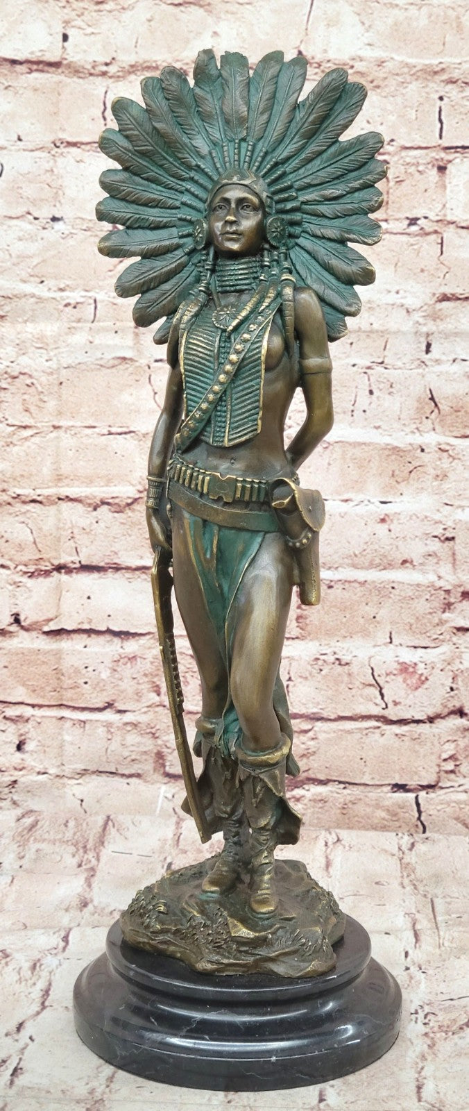 RARE Vintage Armor Bronze Native American Indian Warrior With Gun Statue Figure