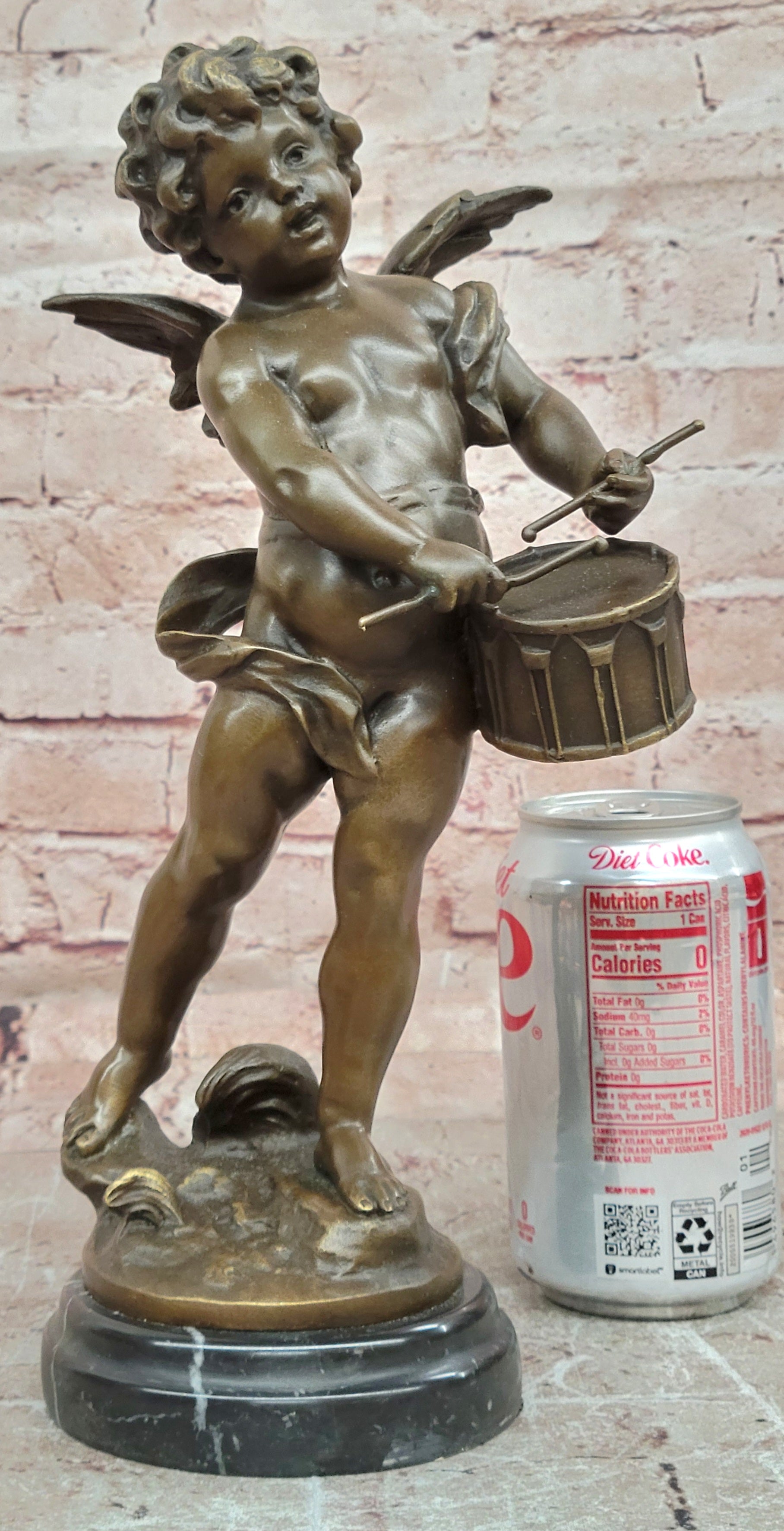 Bronze Cherub Angel with Drum Statue Moreau Style Fine Art Figurine Collectible