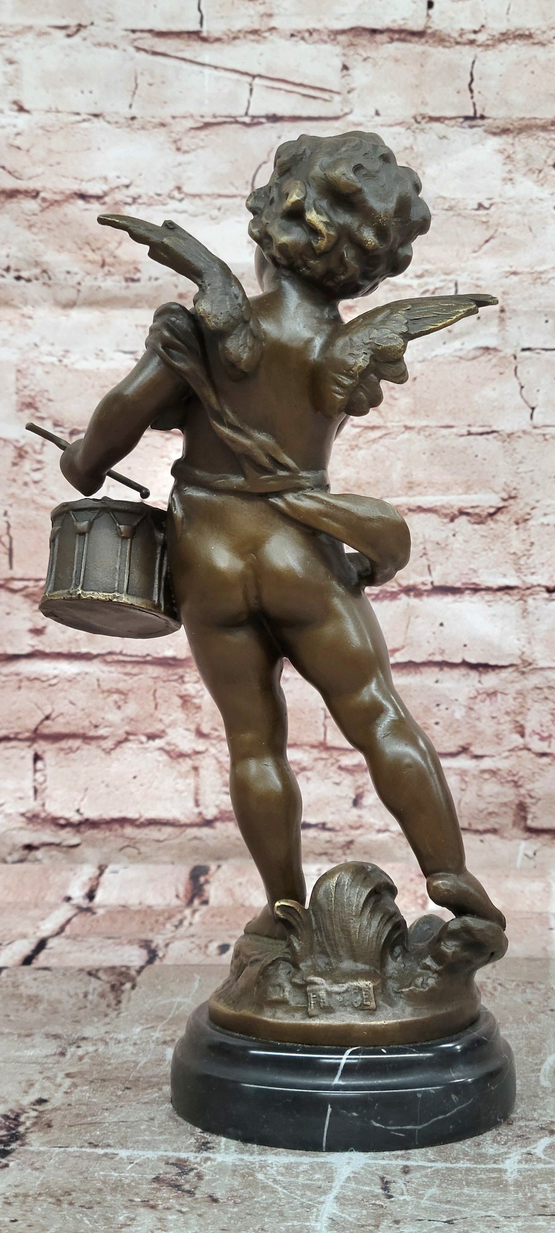 Bronze Cherub Angel with Drum Statue Moreau Style Fine Art Figurine Collectible