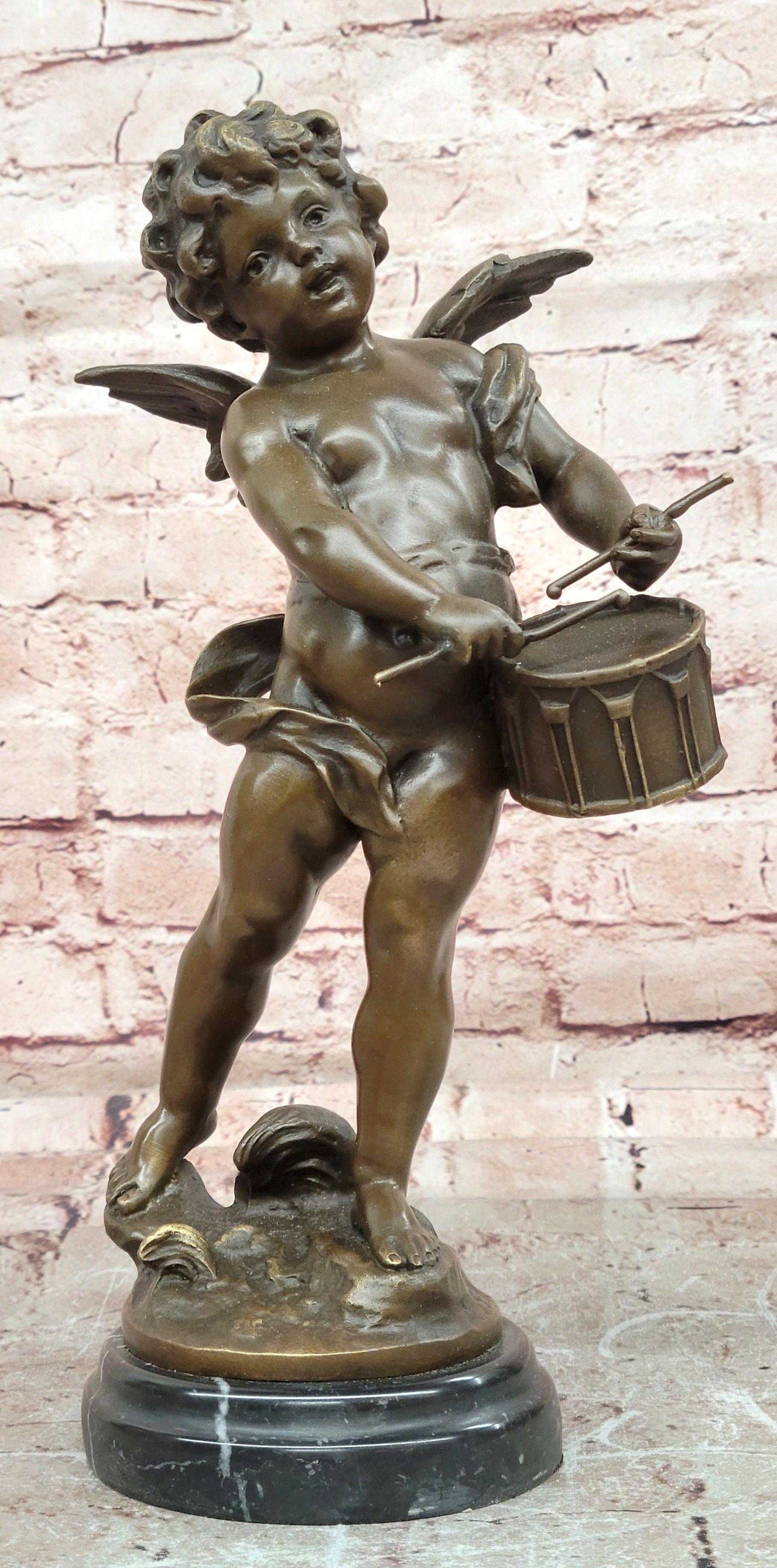 Bronze Cherub Angel with Drum Statue Moreau Style Fine Art Figurine Collectible