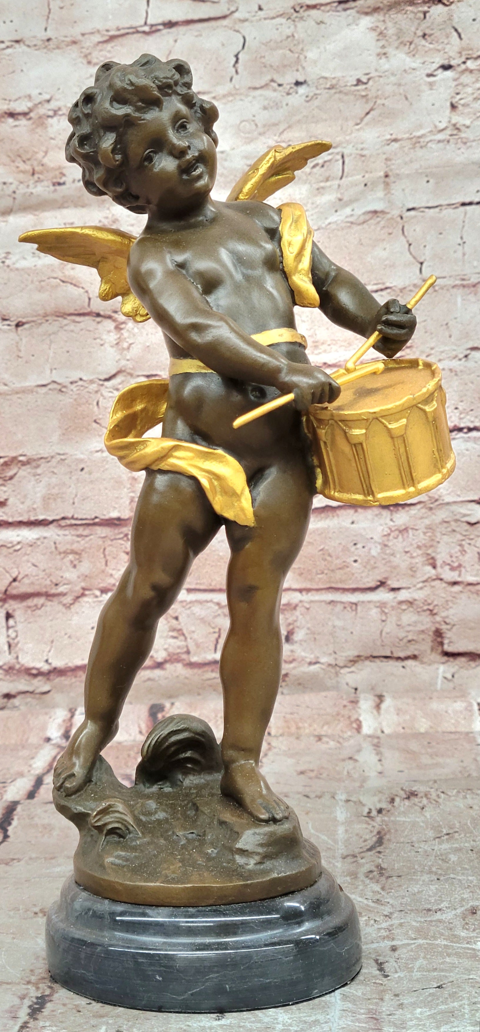 Vintage Bronze Putti Drummer Sculpture Moreau Style Cherub Gilt Figurine Decor