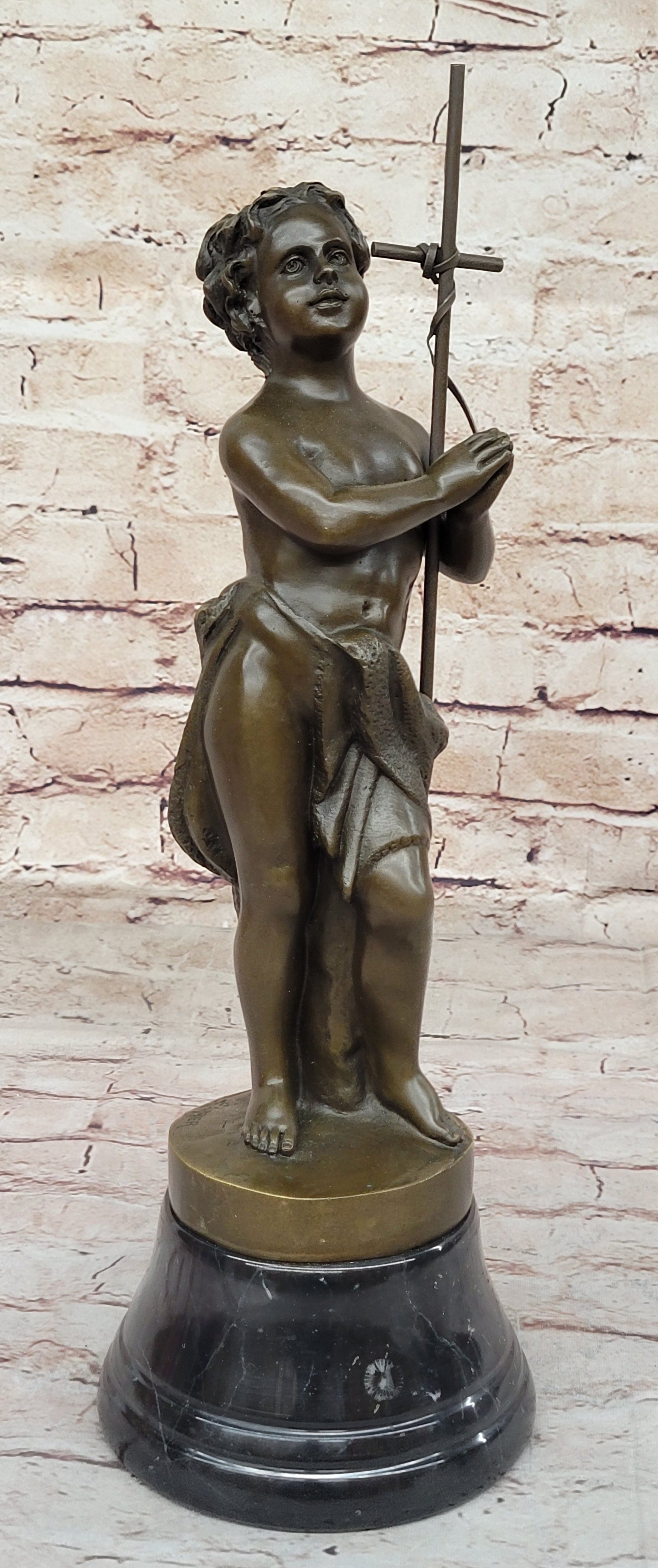 Handcrafted bronze sculpture SALE Nude Hand Praying Boy Belleuse Carrier Sign