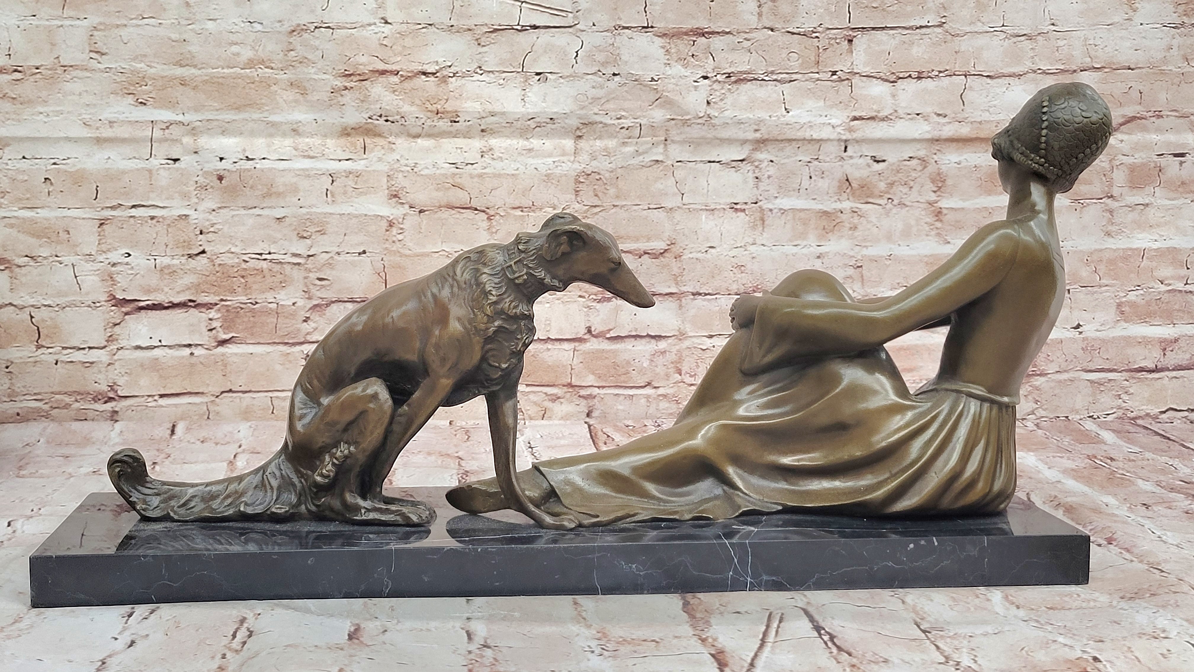 Handcrafted Bronze Art Deco Friends Forever Lady with Dogs Statue Chiparus