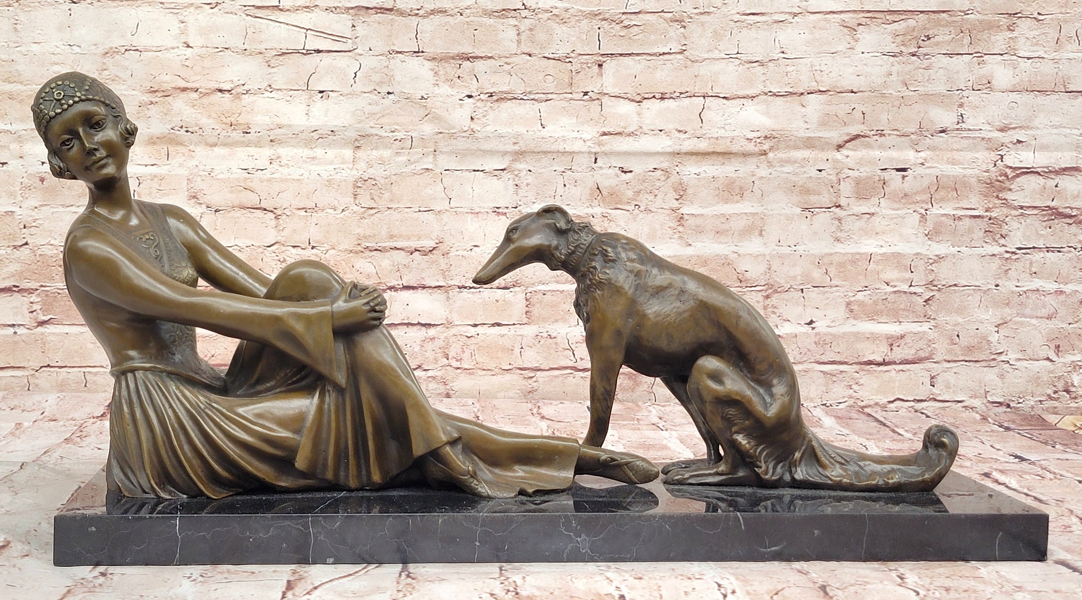 Handcrafted Bronze Art Deco Friends Forever Lady with Dogs Statue Chiparus