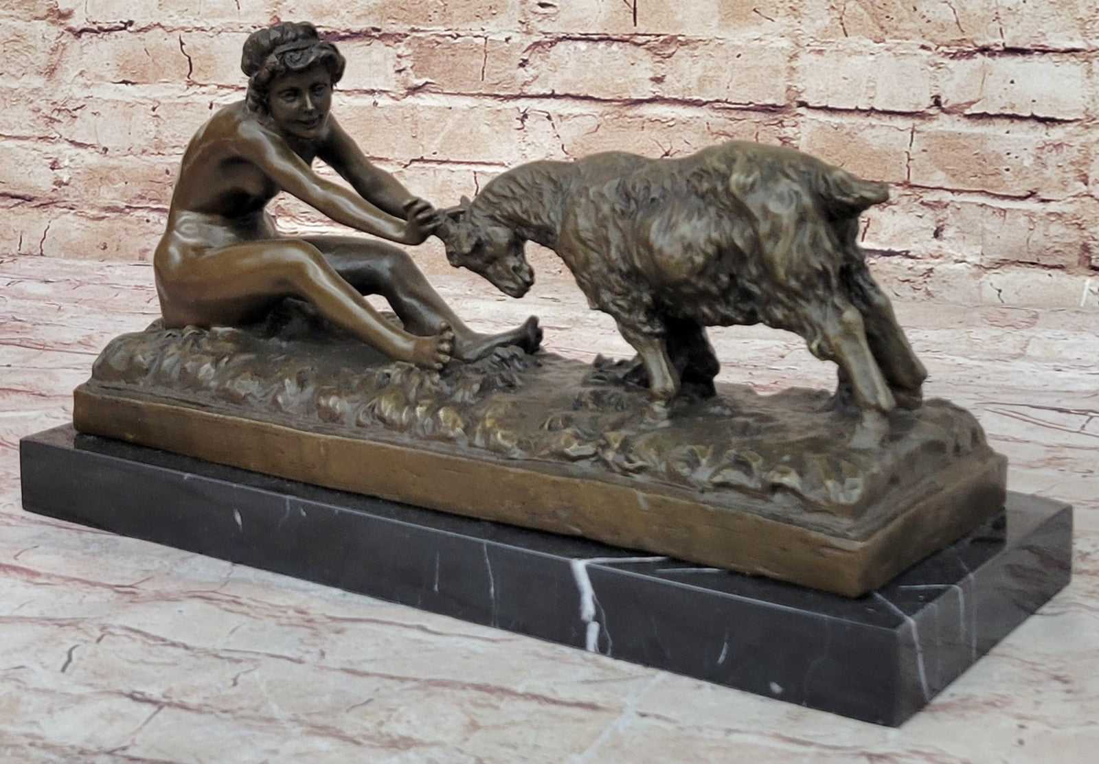 Gory`s Nude Girl with Goat: Genuine Bronze Art Nouveau Sculpture, Hot Cast Decor