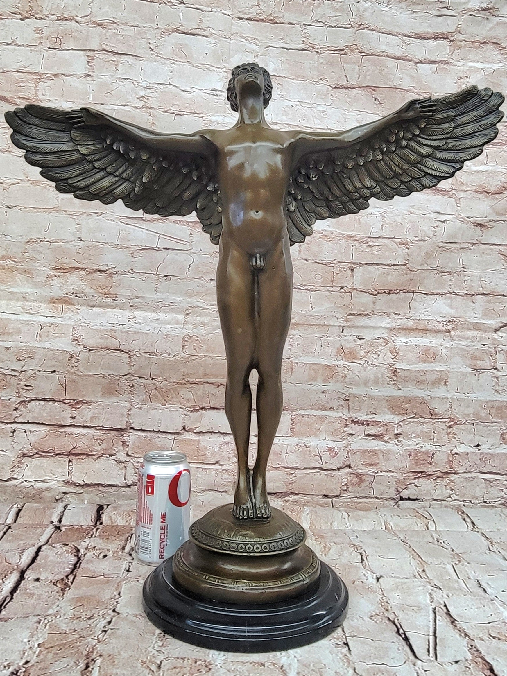 SIGNED, bronze Sculpture winged man nude Icarus "Rising Sun" Classic Artwork