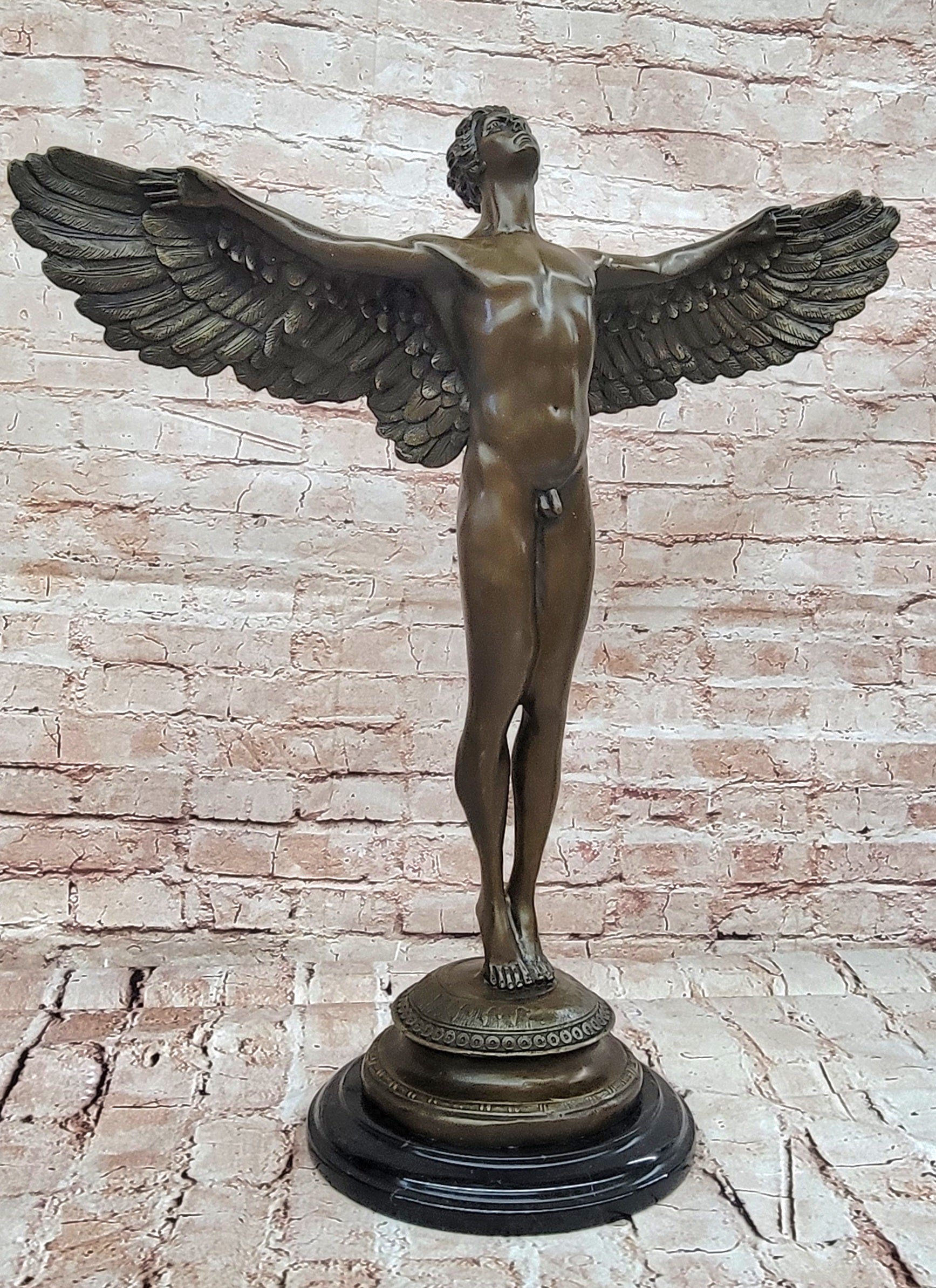 SIGNED, bronze Sculpture winged man nude Icarus "Rising Sun" Classic Artwork