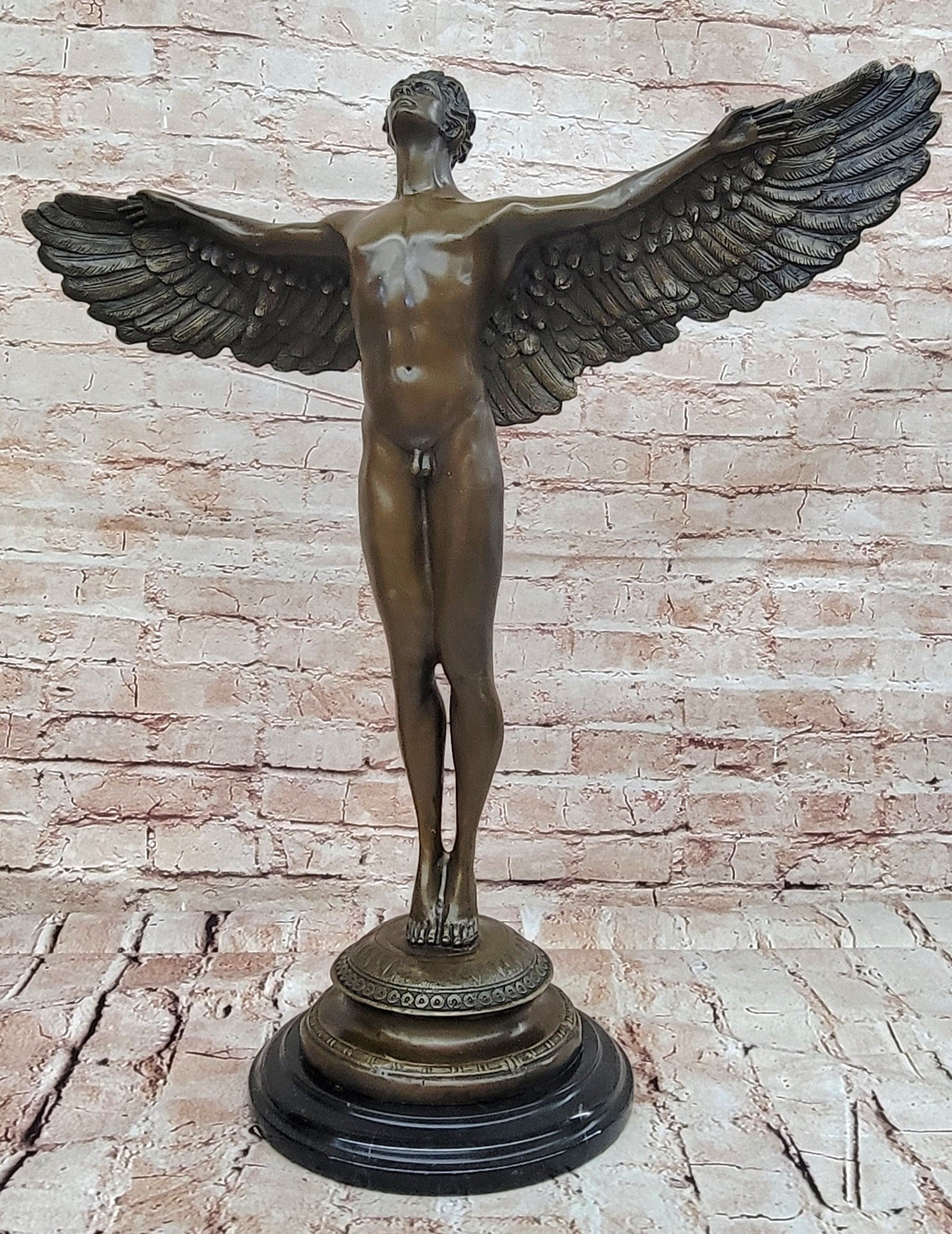 SIGNED, bronze Sculpture winged man nude Icarus "Rising Sun" Classic Artwork