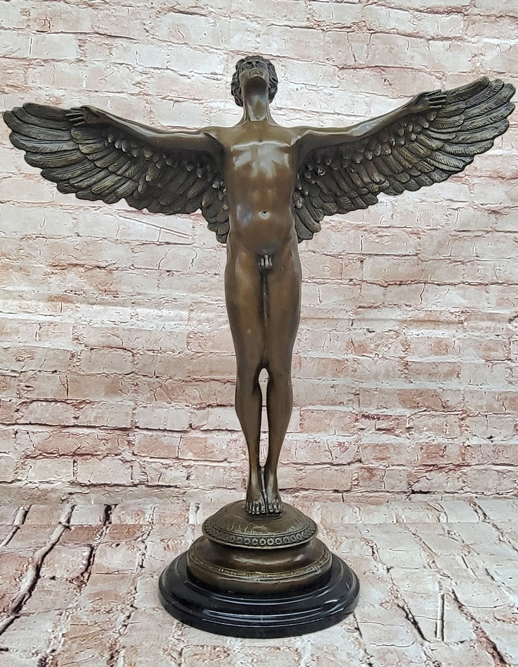 SIGNED, bronze Sculpture winged man nude Icarus "Rising Sun" Classic Artwork