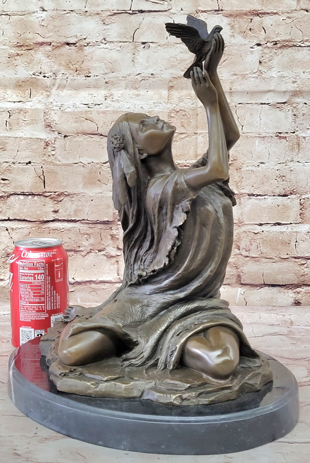 Collectible Native American Woman Bronze Statue with Bird by Milo Fine Art Figurine