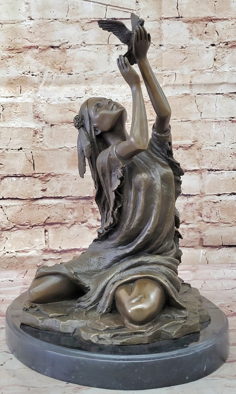 Collectible Native American Woman Bronze Statue with Bird by Milo Fine Art Figurine