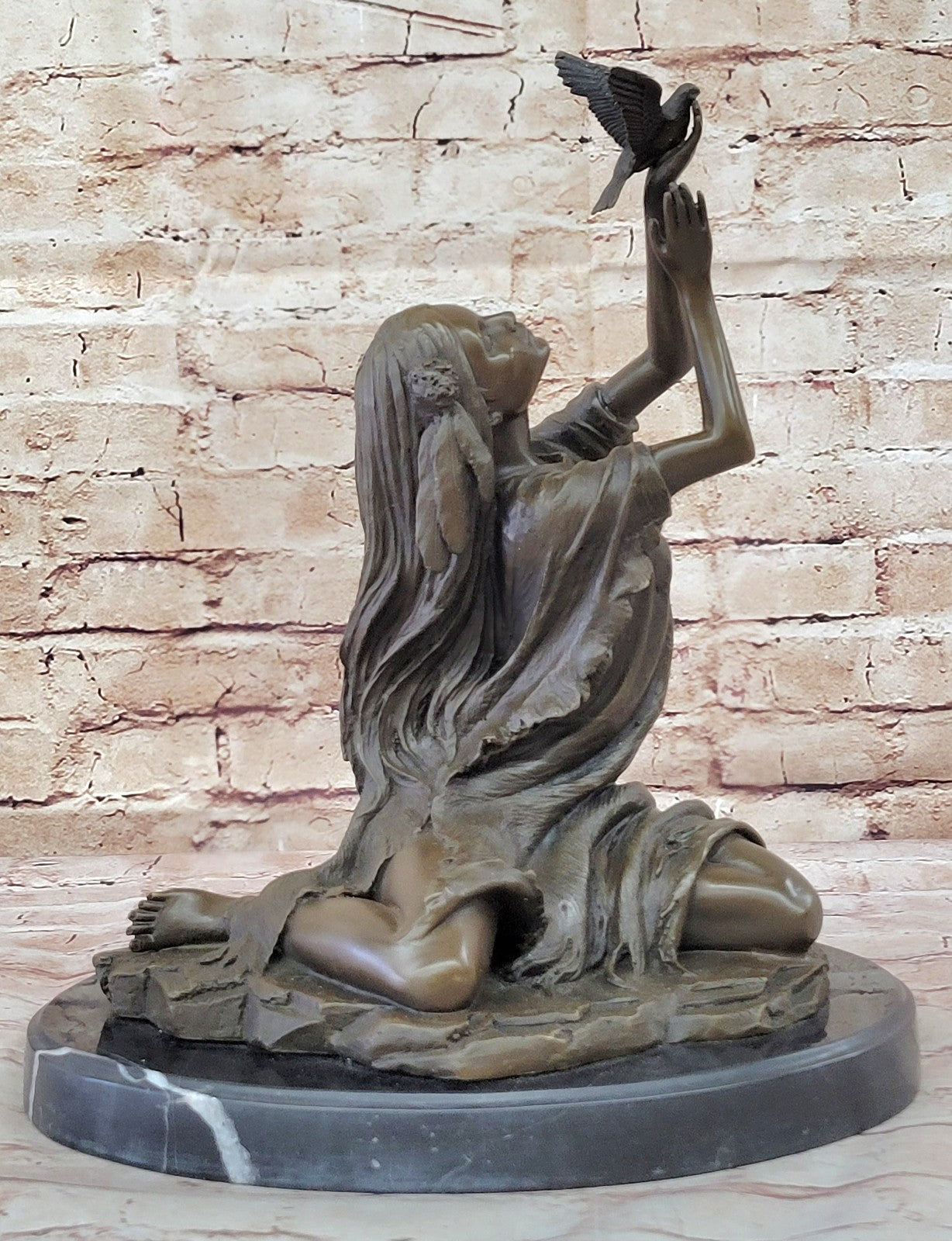 Collectible Native American Woman Bronze Statue with Bird by Milo Fine Art Figurine
