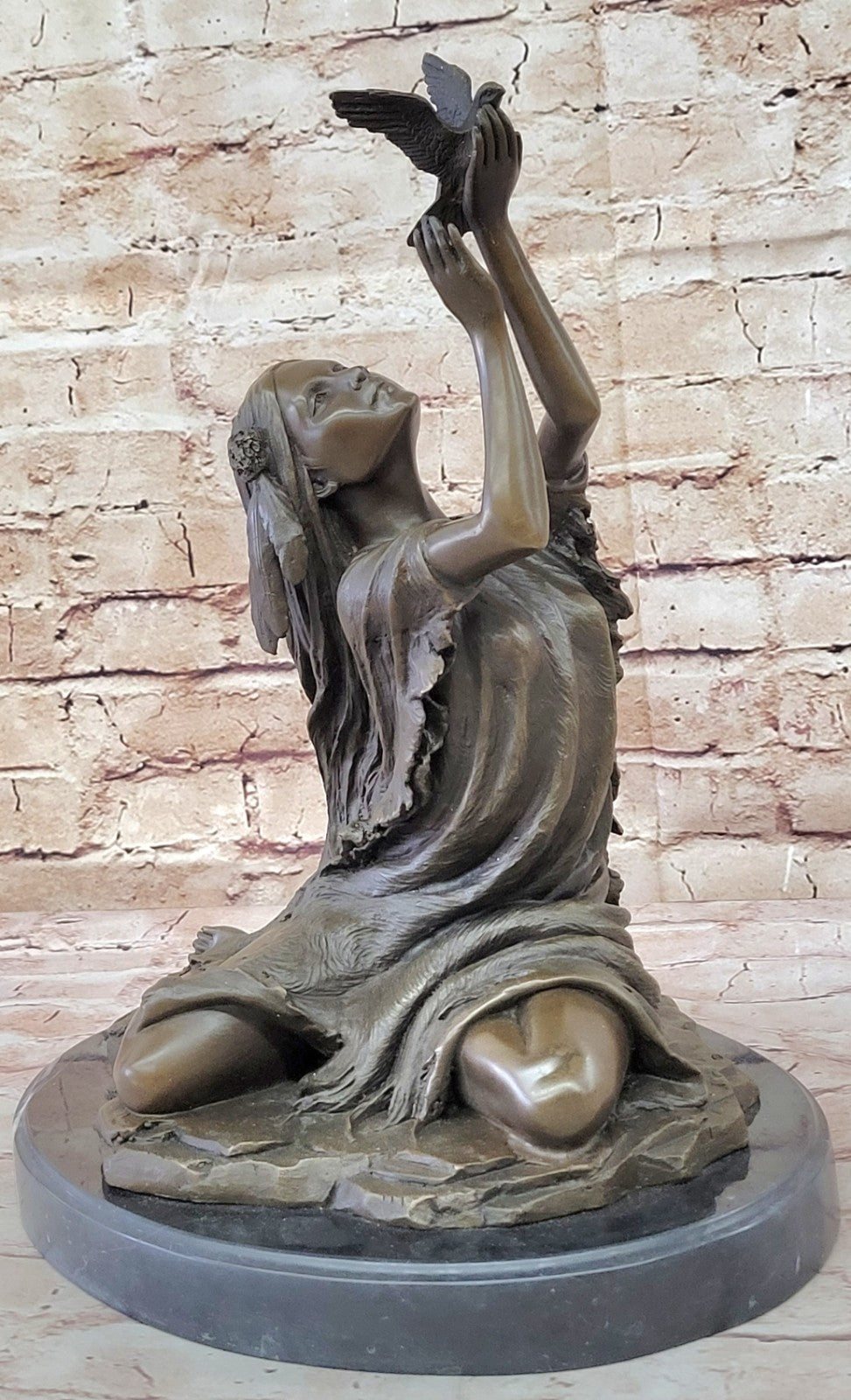 Collectible Native American Woman Bronze Statue with Bird by Milo Fine Art Figurine