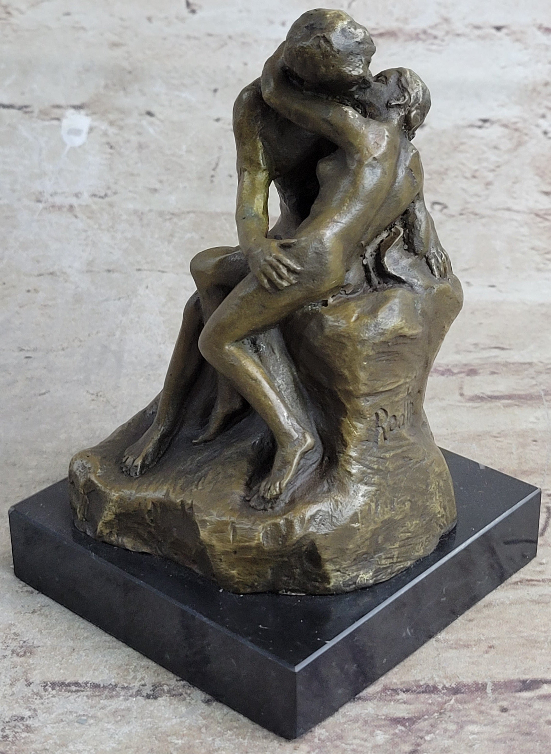 SIGNED BRONZE SCULPTURE FRENCH RODIN "THE KISS" CLASSIC STATUE ON MARBLE HOTCAST