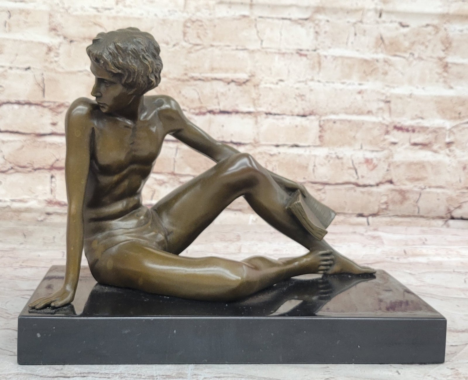 Handcrafted Preiss Figurine: Boy Reading a Book, Collectible Artwork for Home Office