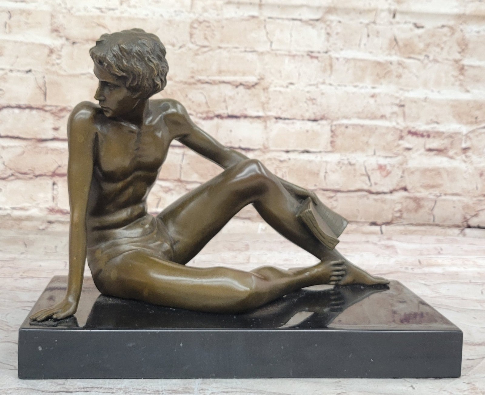 Handcrafted Preiss Figurine: Boy Reading a Book, Collectible Artwork for Home Office