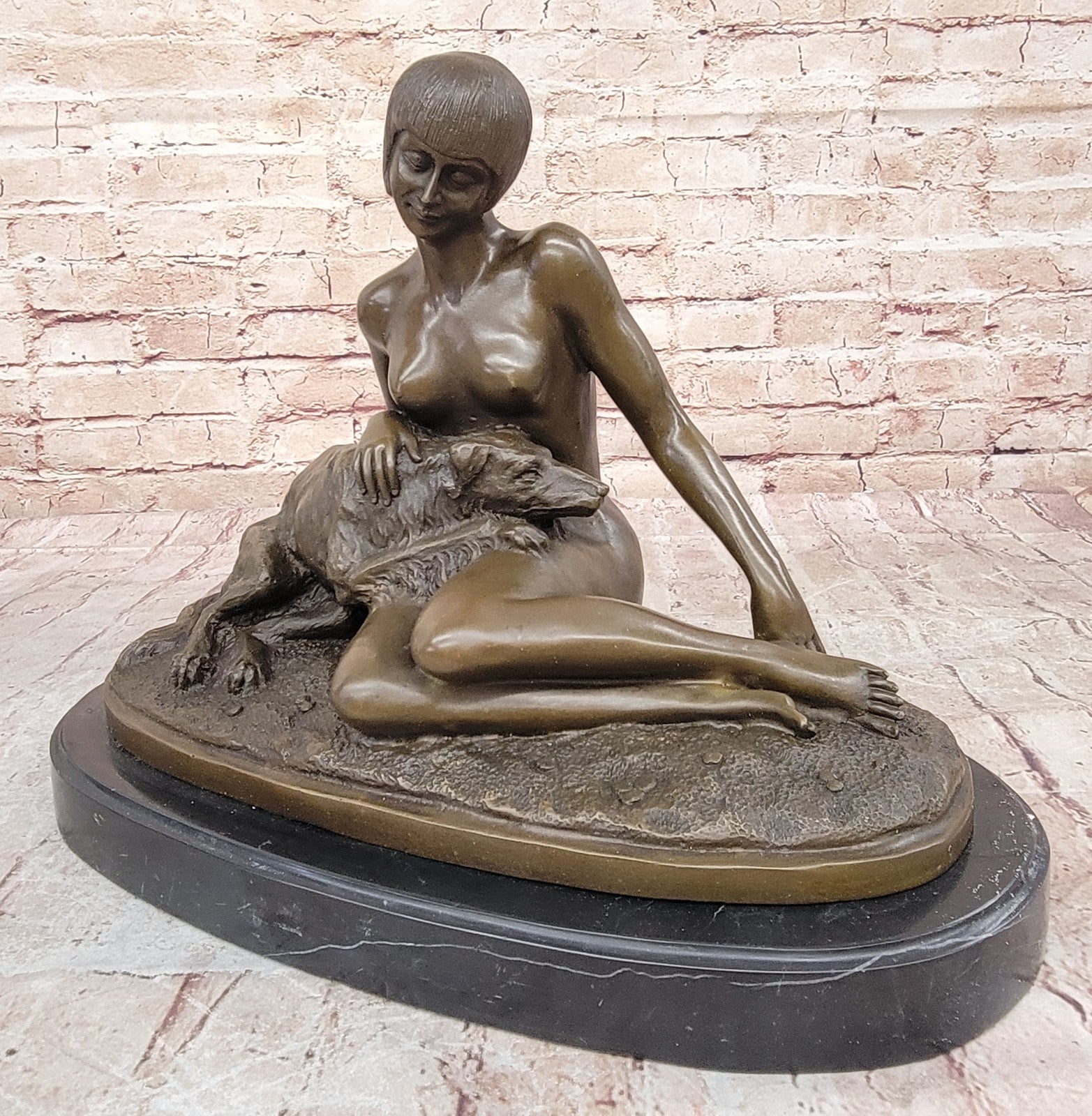 Armand Godard Nude Lady & Borzoi Dog Bronze Sculpture – Fine Art Museum Quality Decor