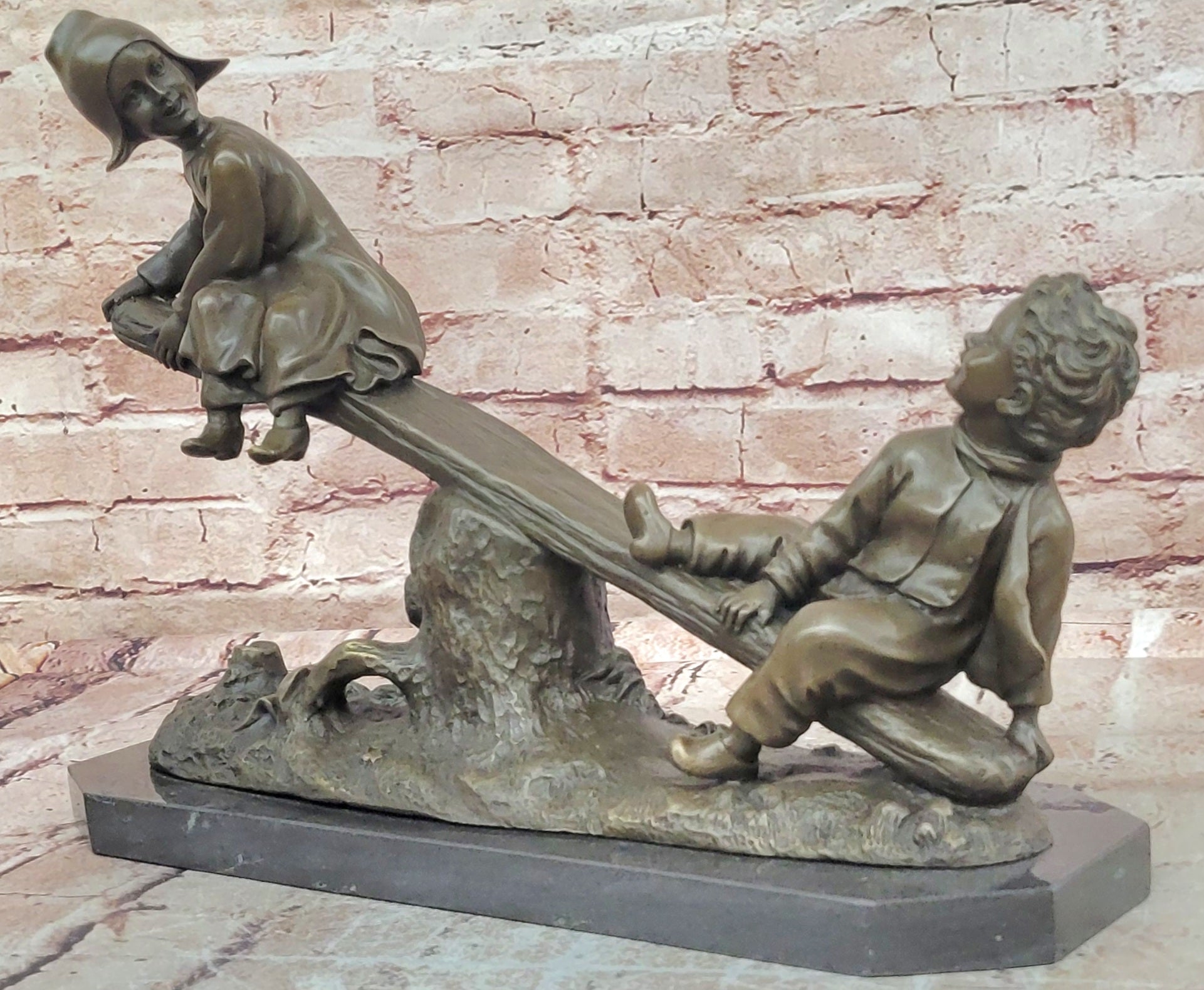 Signed Daste Bronze Children Seesaw Statue Hot Cast Fine Art Decor