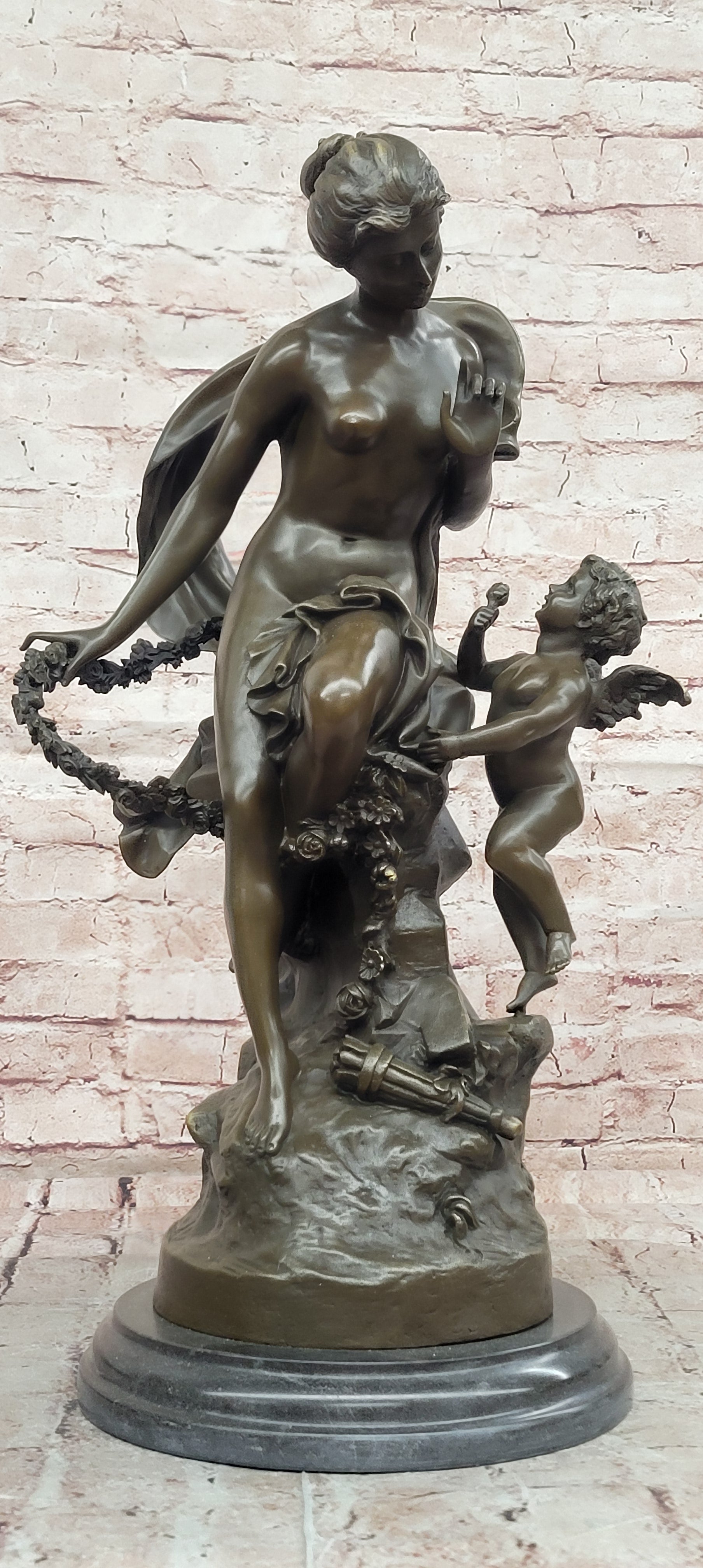 Bronze Goddess Venus with Cherub Statue Signed Moreau Collectible Art