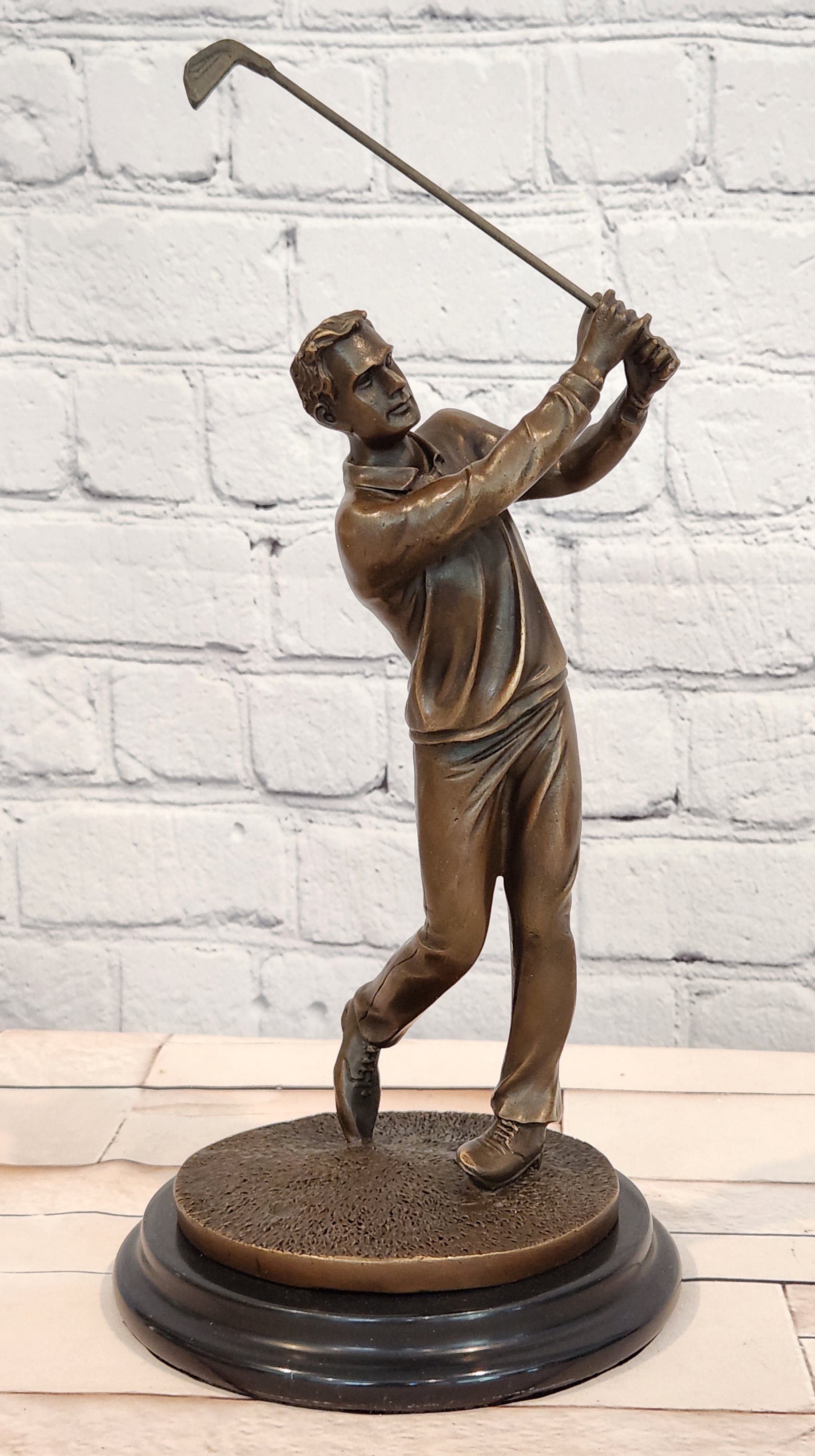 Original Milo male Golfer Golf Sport Bronze Statue Marble Base Sculpture Figure