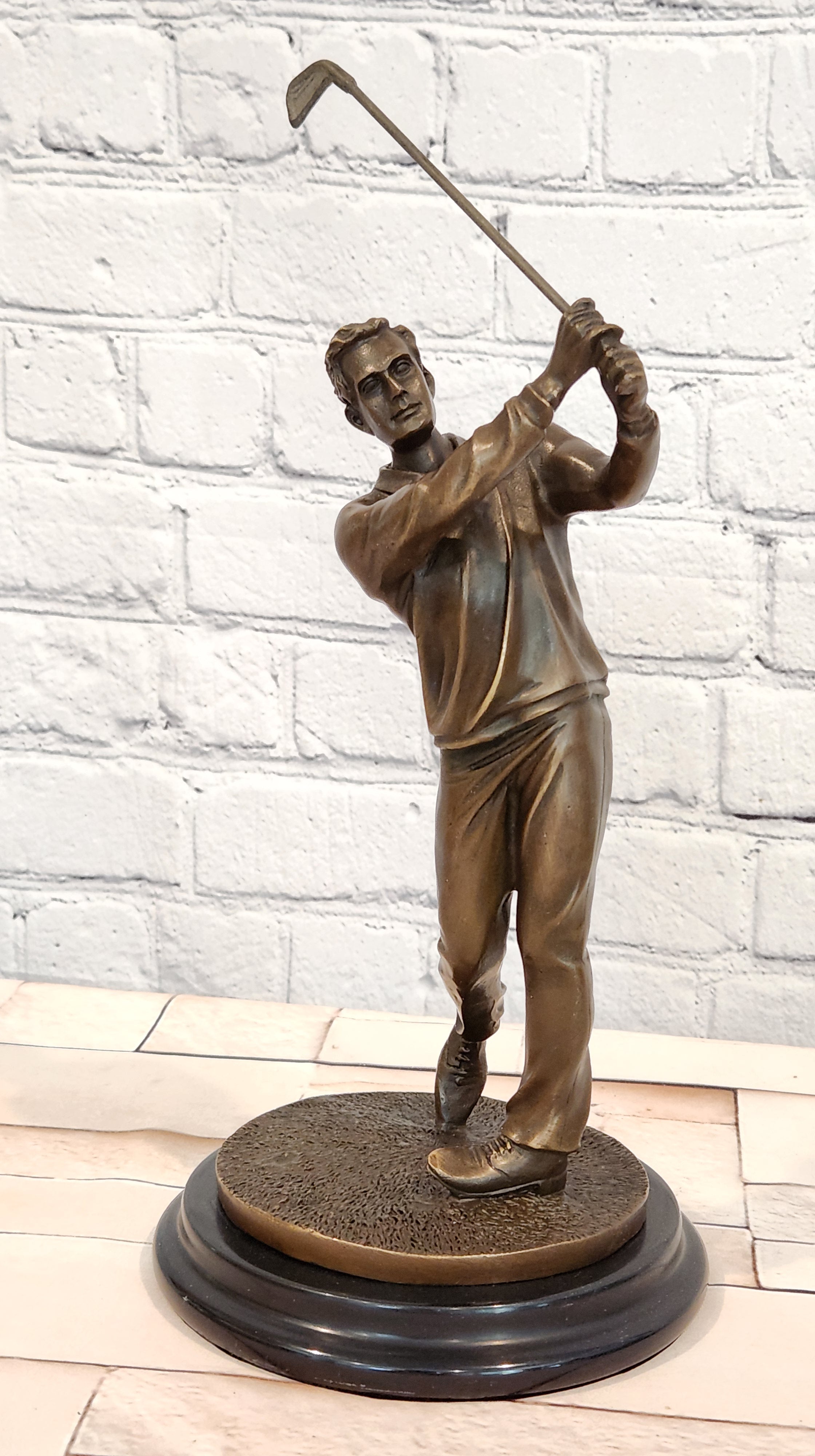Original Milo male Golfer Golf Sport Bronze Statue Marble Base Sculpture Figure