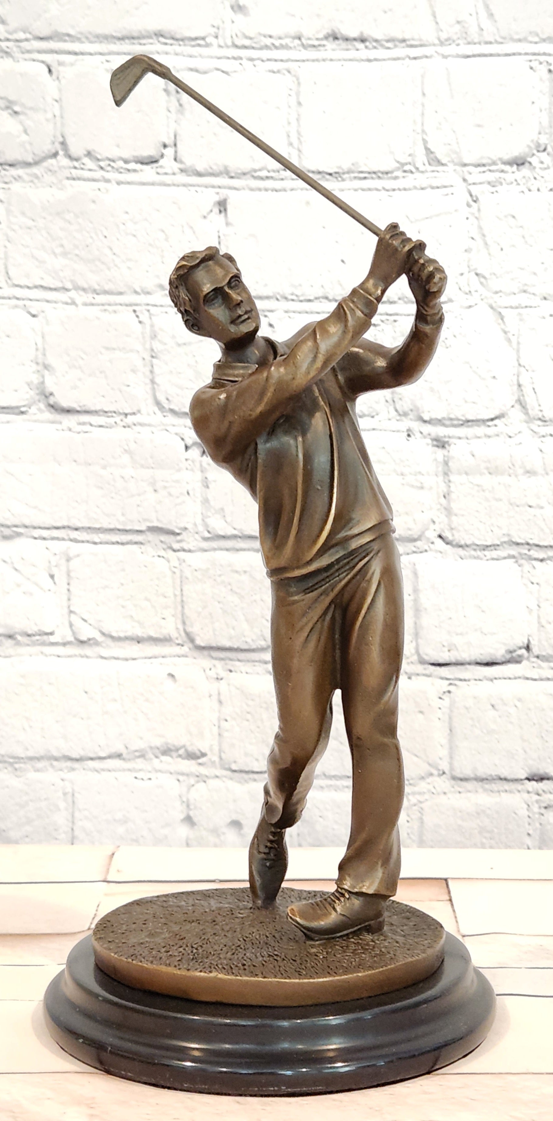 Original Milo male Golfer Golf Sport Bronze Statue Marble Base Sculpture Figure