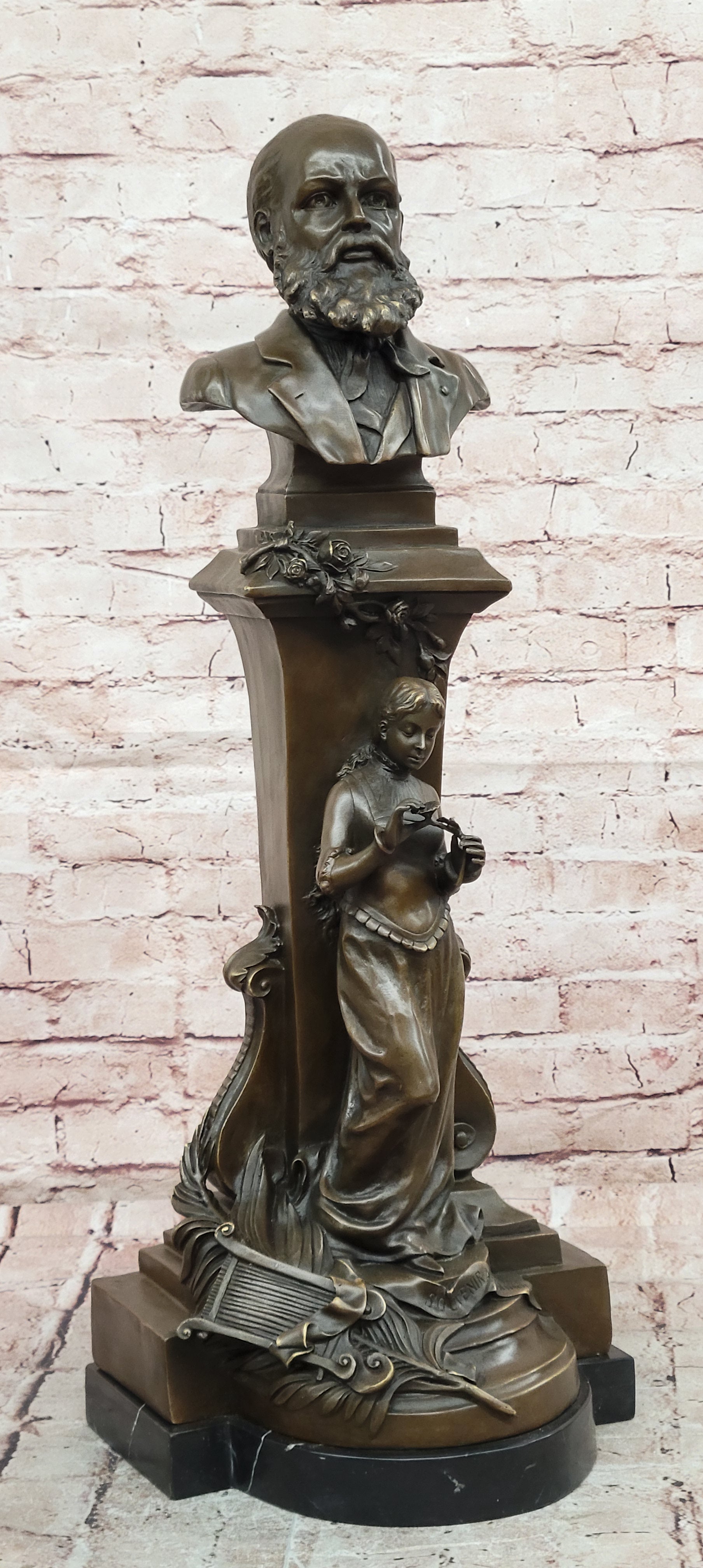 Genuine Hot Cast Bronze Composer Bust with Maiden Allegory Statue