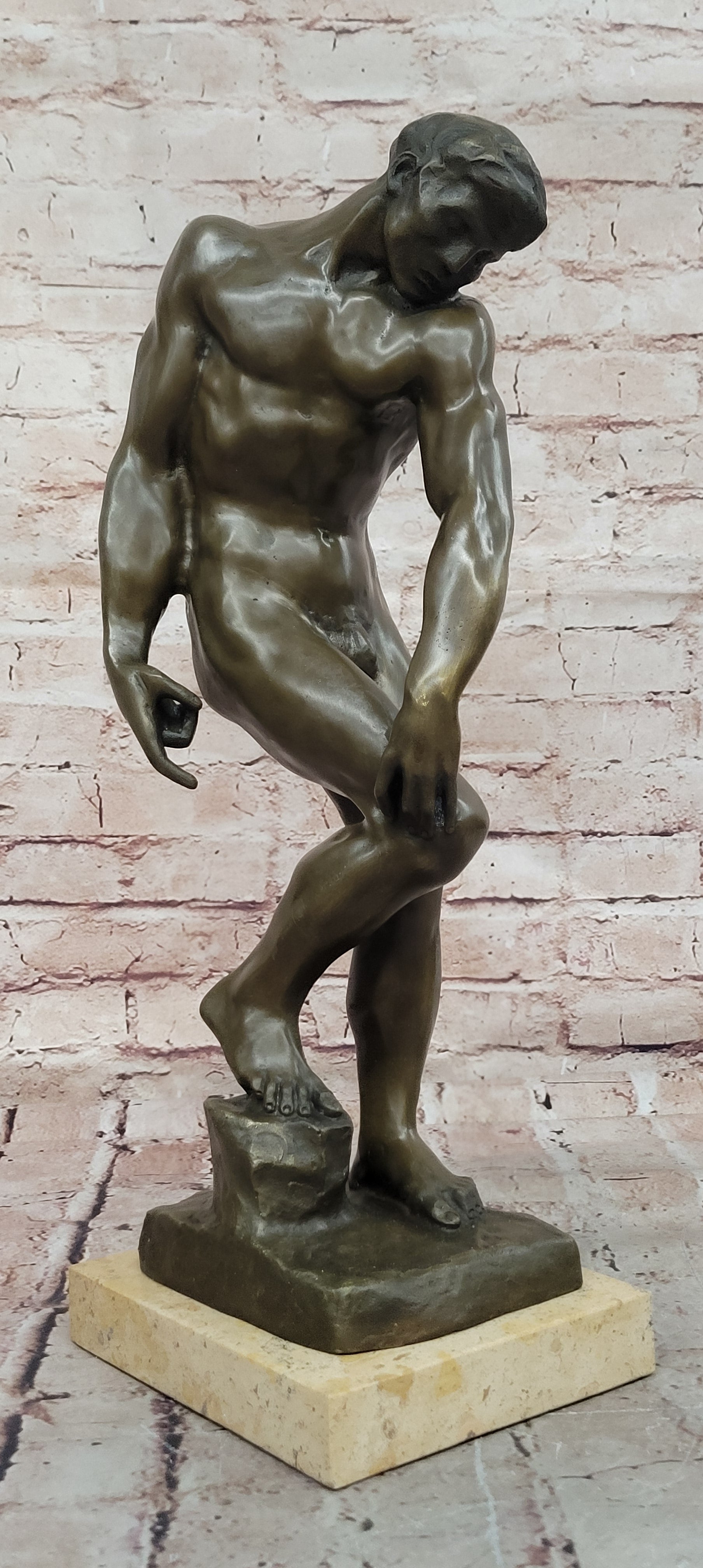Nude Male Adam Bronze Statue by Rodin: French Artist Collectible Artwork